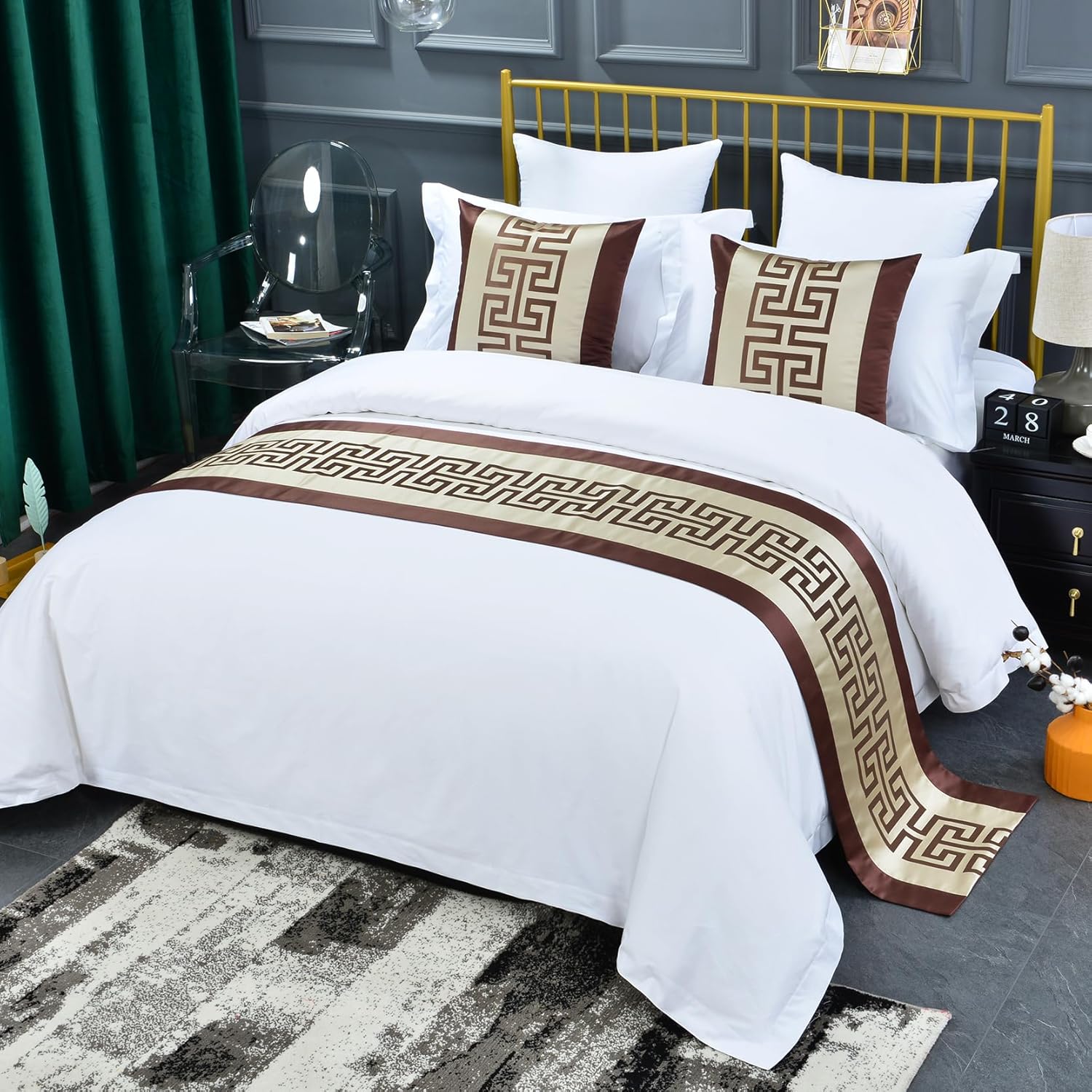 Chinese Style Bed Runner Scarf, Color Woven Jacquard Bedspreads Luxury Bedding Cover Decor for Hotel Wedding Room, Khaki Gold, 50 * 240cm for 1.8m Bed