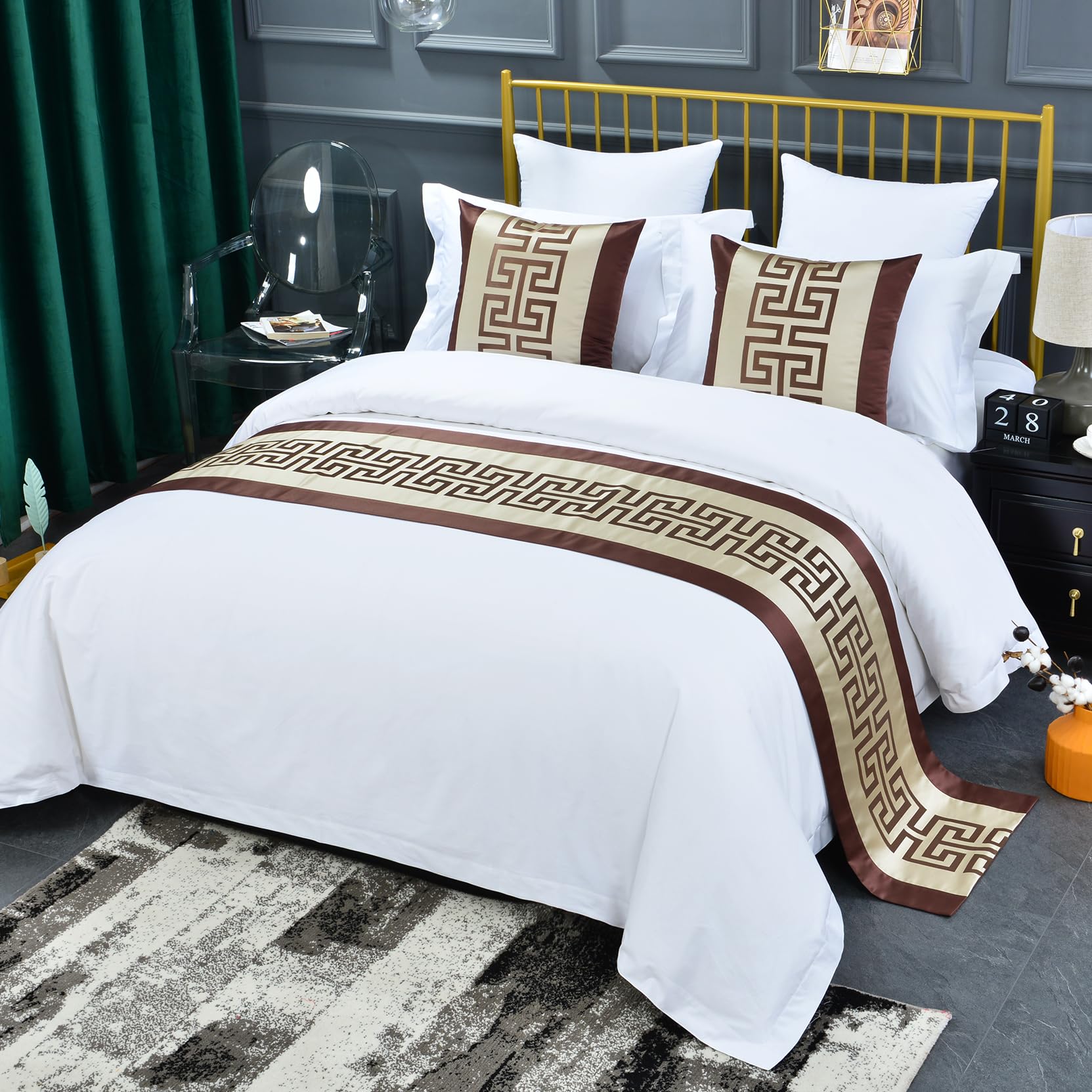 Chinese Style Bed Runner Scarf, Color Woven Jacquard Bedspreads Luxury Bedding Cover Decor for Hotel Wedding Room, Khaki Gold, 50 * 240cm for 1.8m Bed