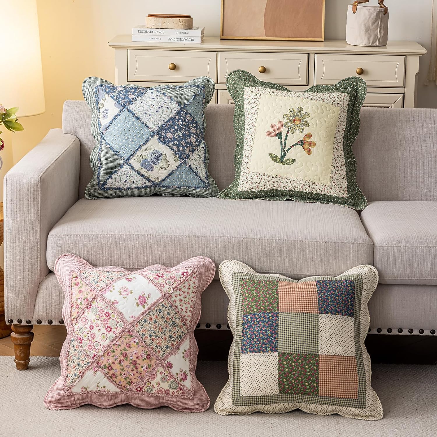 vctops Set of 2 Quilted 100% Cotton Boho Throw Pillow Covers 18" x 18" Farmhouse Country Floral Patchwork Decorative Cushion Cover, Patchwork Flower M