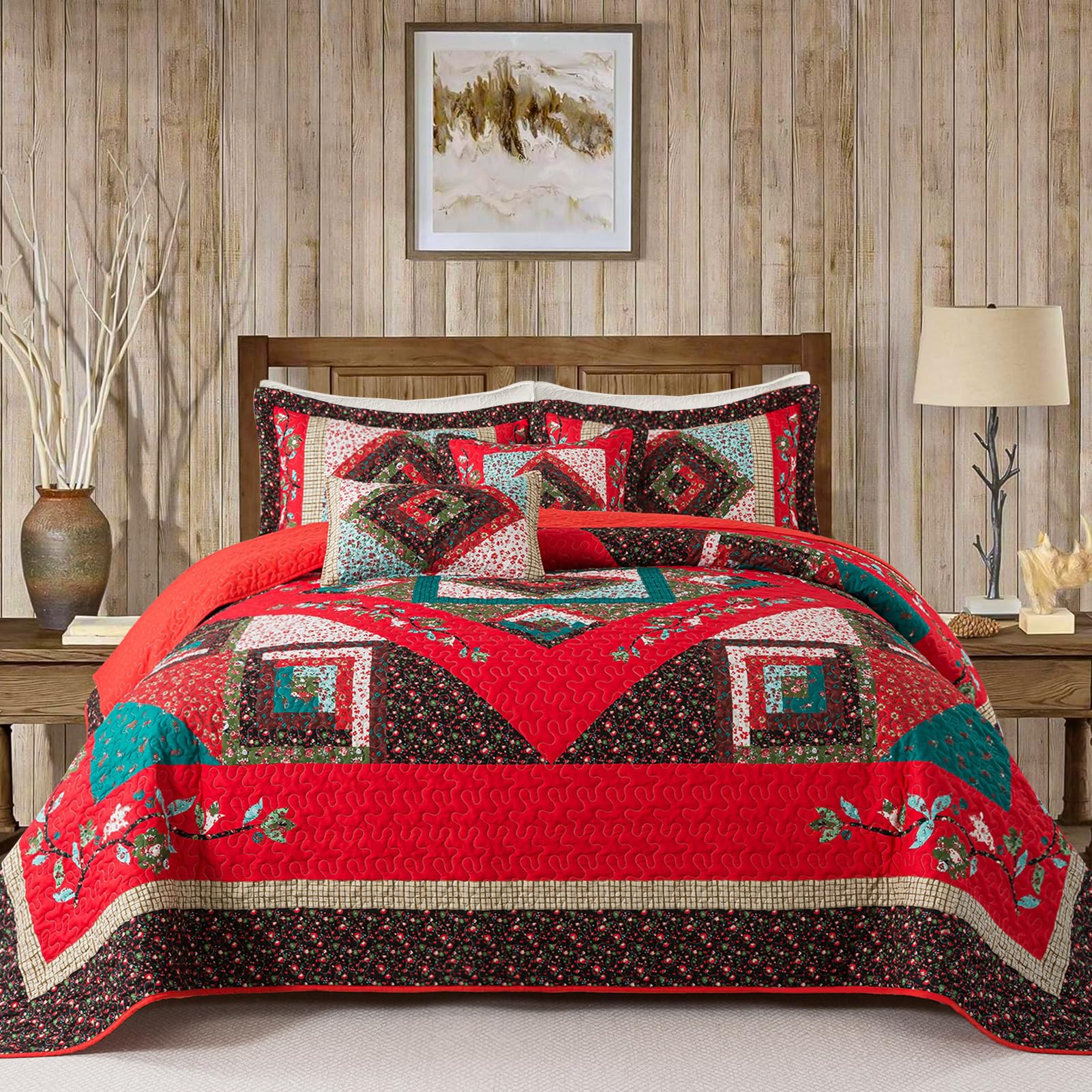 VAPUTAR Quilt King Bedding Set - Soft Cotton Quilts with Paisley Floral Pattern - Lightweight Reversible Bedspreads for Farmhouse (3 Pieces, Bright Teal)