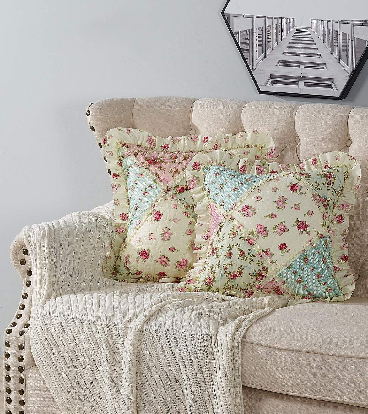 Brilliant Sunshine Traditional Rose and Sage Patchwork Pillowshams Set, Quilted Standard Pillowcases, 20x26 with 2" Flange, Scalloped Edge Pillow Covers, Pack of 2, Pink