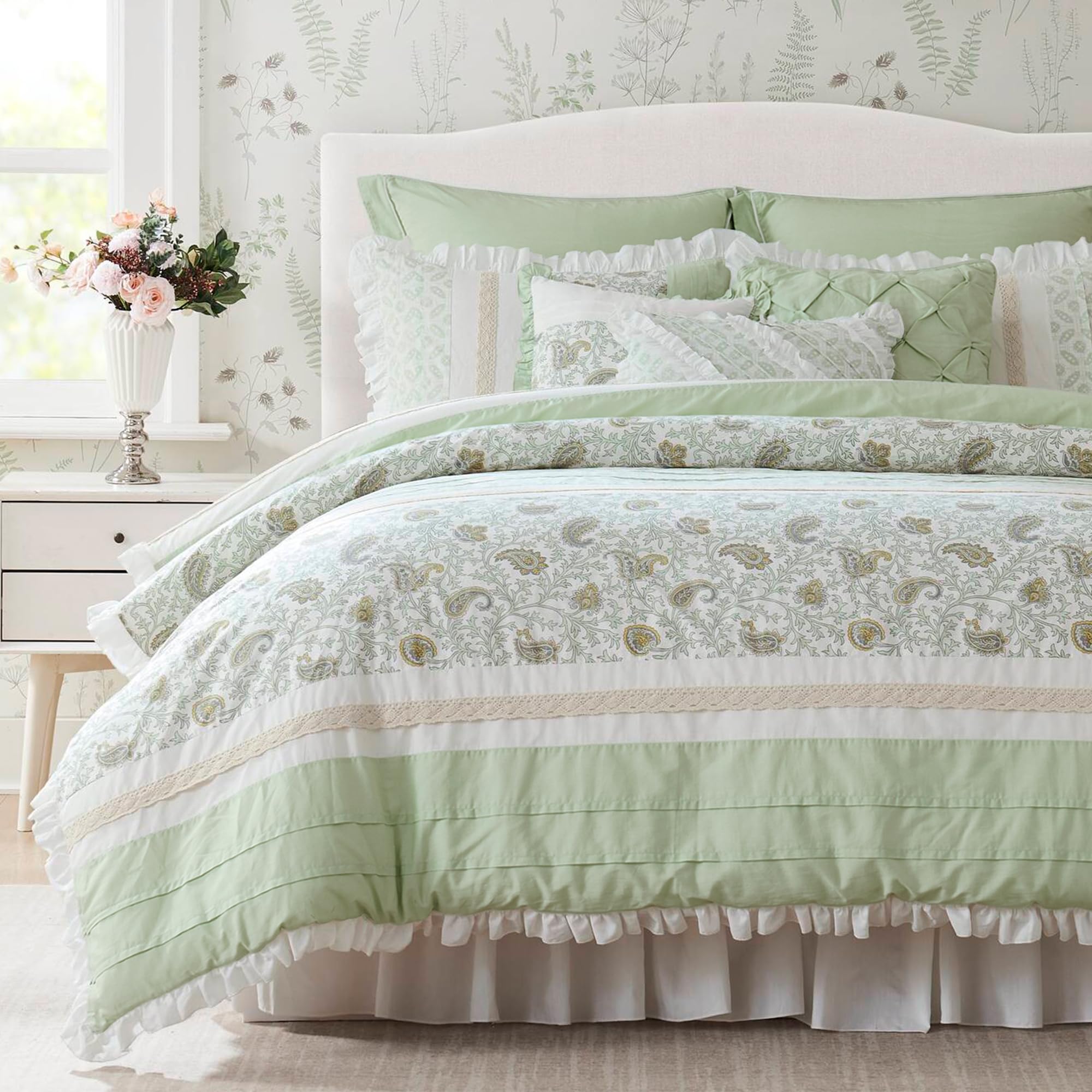 Madison Park Dawn 100% Cotton Shabby Chic Comforter Set-Modern Cottage Design All Season Down Alternative Bedding, Matching Shams, Bedskirt, Decorative Pillows, Cal King(104"x92"), Blush 9 Piece