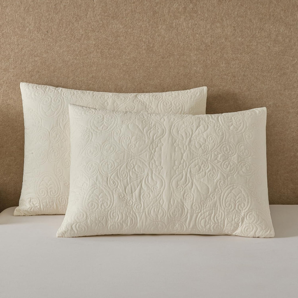 YINFUNG Quilted Pillow Shams Damask Medallion Ivory Standard Set of 2 Cream Embroidered Vintage Pillowcases Embossed Textured Cotton Pattern Bright White