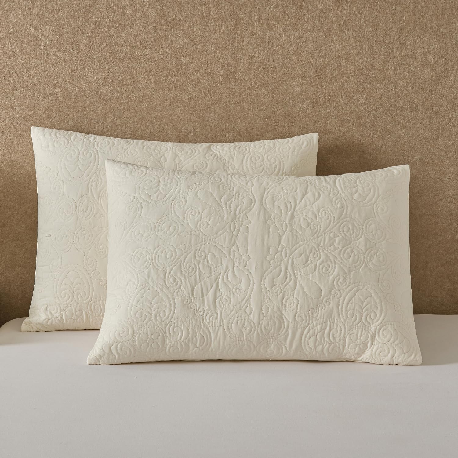 YINFUNG Quilted Pillow Shams Damask Medallion Ivory Standard Set of 2 Cream Embroidered Vintage Pillowcases Embossed Textured Cotton Pattern Bright White