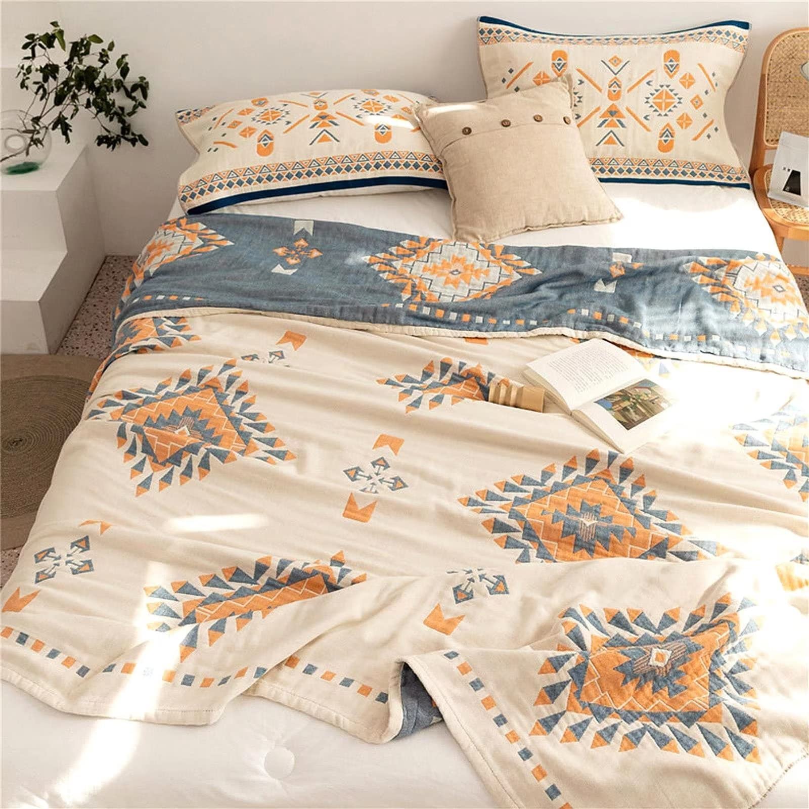 MSGKV Boho Throw Blanket 60''x80'',100% Cotton Blanket for Couch Bed, Summer Breathable Quilt Farmhouse Home Decor Soft Lightweight Picnic Blankets