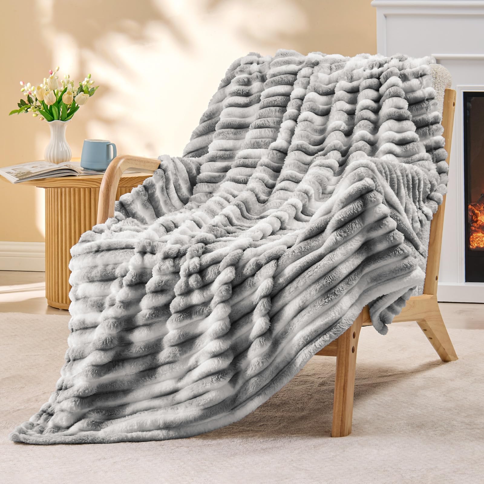 BEDELITE Fleece Throw Blanket for Couch - 300GSM Soft & Warm Fluffy Cream White Blanket, Decorative and Giftable Striped Blankets for Women, Men, 50"x60"