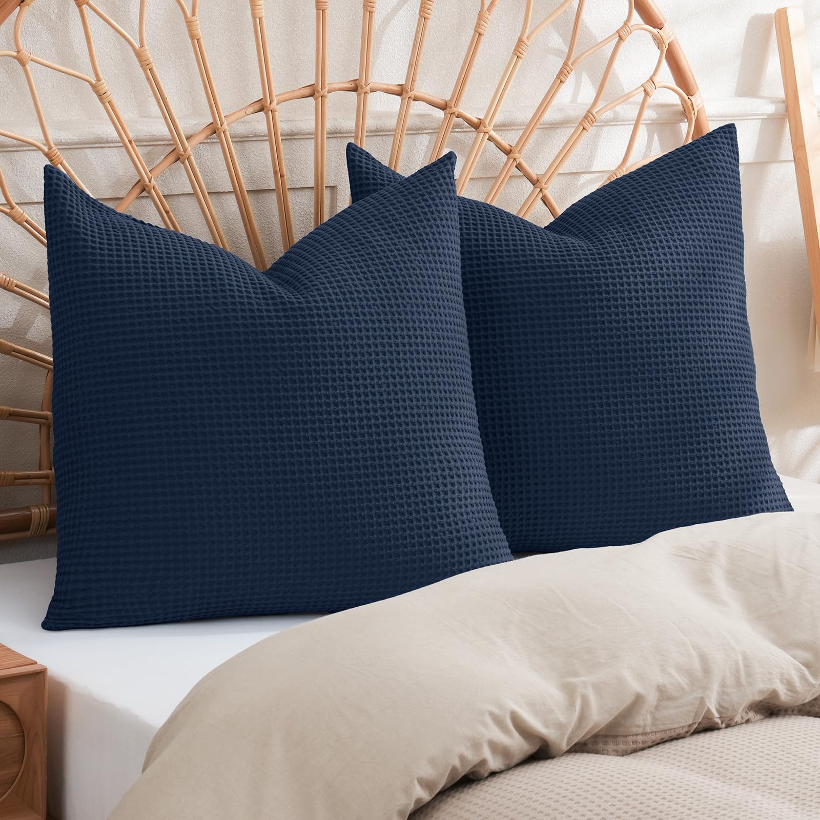 PHF 100% Cotton Waffle Pillow Shams Standard Size, 2 Pack 20" x 26" Soft Skin-Friendly and Breathable Pillowcases, No Filling, Aesthetic Woven Waffle Weave Pillow Covers for Bed, Dark Navy
