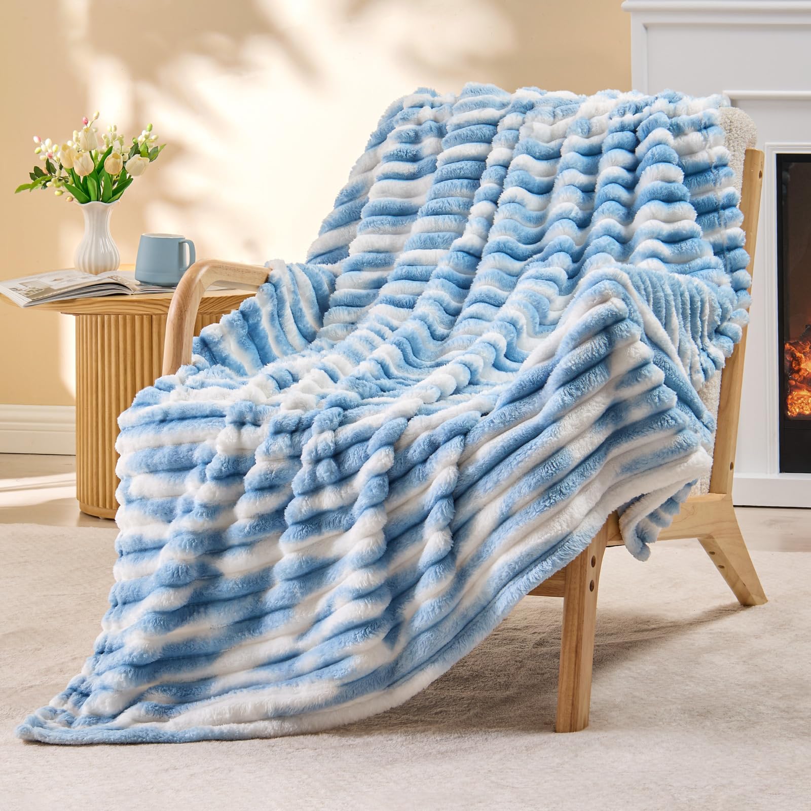 BEDELITE Fleece Throw Blanket for Couch - 300GSM Soft & Warm Fluffy Cream White Blanket, Decorative and Giftable Striped Blankets for Women, Men, 50"x60"