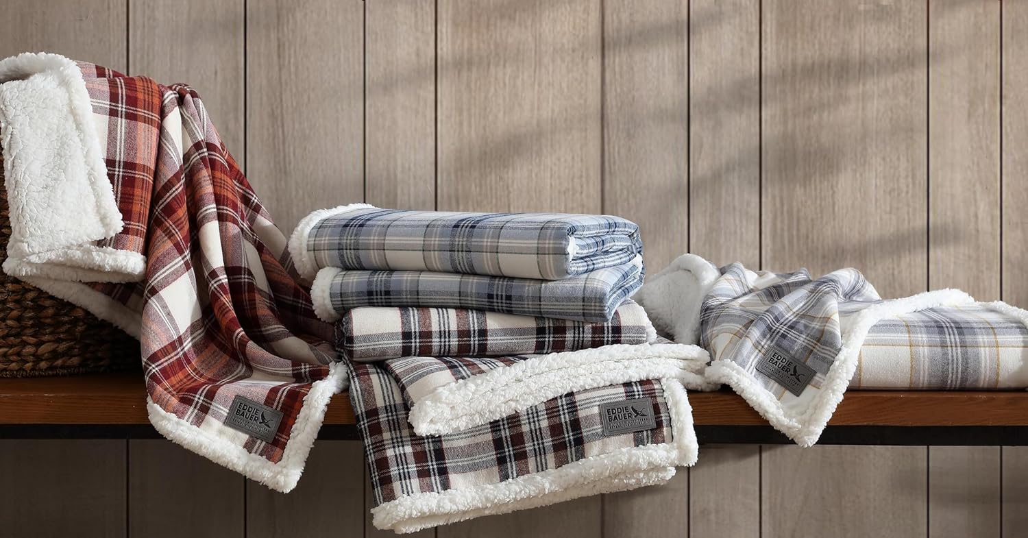Eddie Bauer - Throw Blanket, Brushed Fleece & Plush Sherpa Soft Bedding, Throw Blanket for Couch & Bed (Edgewood Plaid Grey, 50" x 60")