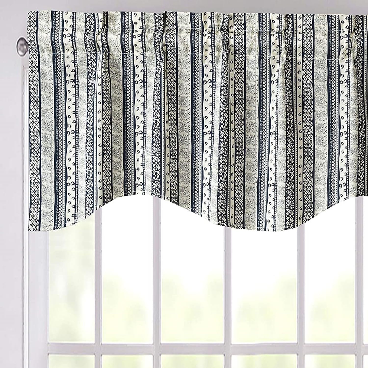 DaDa Bedding Denim Blue Elegance Window Curtain - Semi Sheer Valance Floral Botanical Striped Scalloped Tailored Edge Kitchen Decor - 18" x 52"