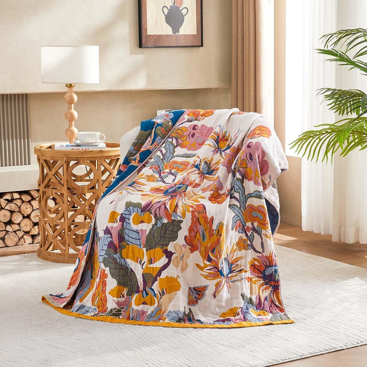 XIBLC Boho Throw Blanket, 100% Cotton Ultra Soft Luxury Throw Rustic Quilt, 50"x60" Floral Bird Butterfly Farmhouse Decor Bed Blankets, All Season Rustic Reversible Bohemian Throw for Bed - Yellow