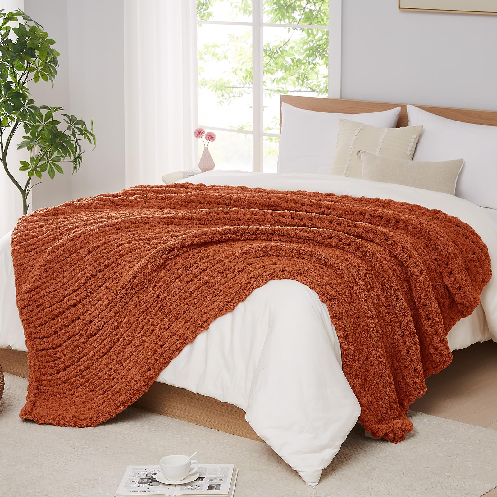 L'AGRATY Chunky Knit Blanket Throw,Soft Chenille Yarn Throw Blanket 50x60，Handmade Cable Knit Crochet Blanket,Large Knit Blankets Chunky Yarn,Rope Knot Throw Blanket for Couch Sofa Bed Home Decor