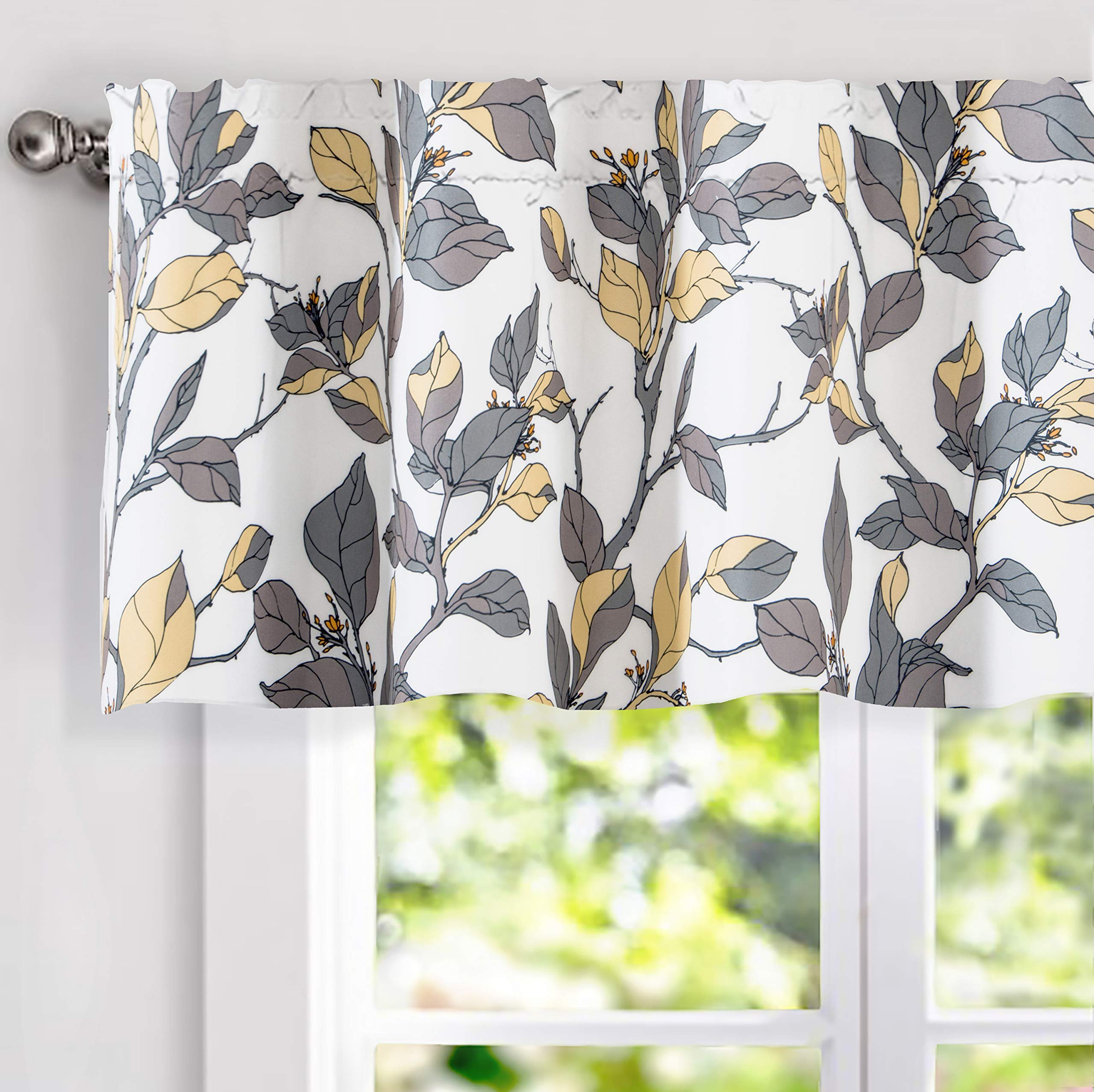 DriftAway Ryan Sketch Flower Floral Branch Leaves Lined Thermal Insulated Window Curtain Valance Rod Pocket 52 Inch by 18 Inch Plus 2 Inch Header Yellow Gray