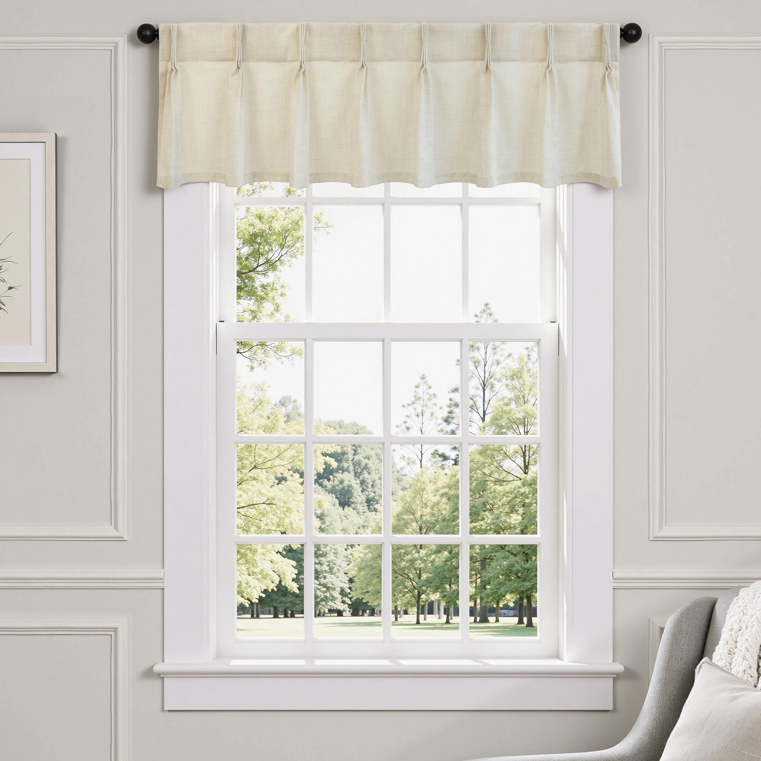 DriftAway Pinch Pleat Valance for Kitchen Window Linen Textured Valance for Living Room Farmhouse Semi Sheer Linen Curtain Valance Window Treatment Back Tabs 50 Inches by 16 Inches Light Linen