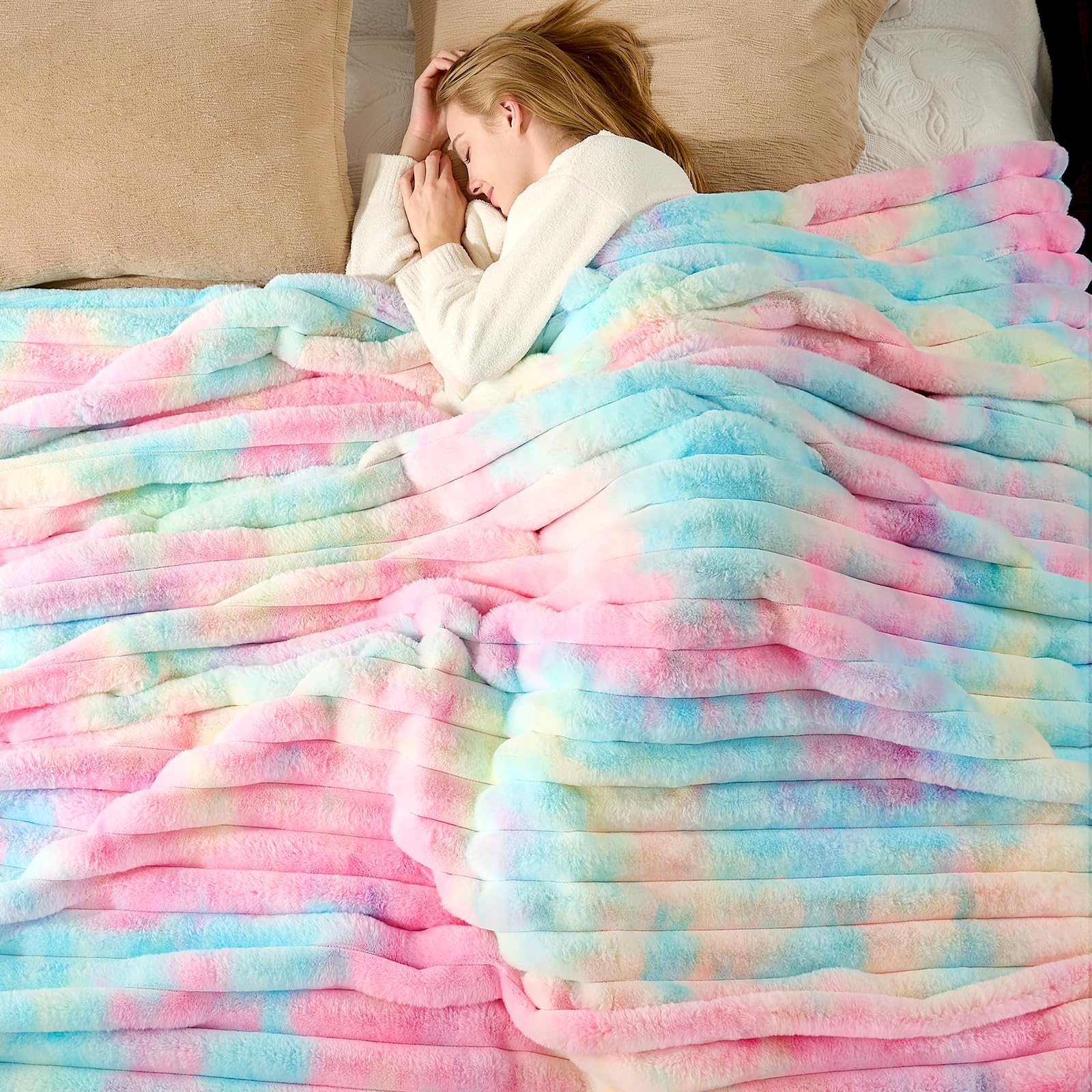 Cozy Bliss Faux Fur Throw Blanket for Couch, Cozy Warm Plush Striped Blanket for Sofa Bedroom Living Room, 50 * 60 Inches Hot Pink