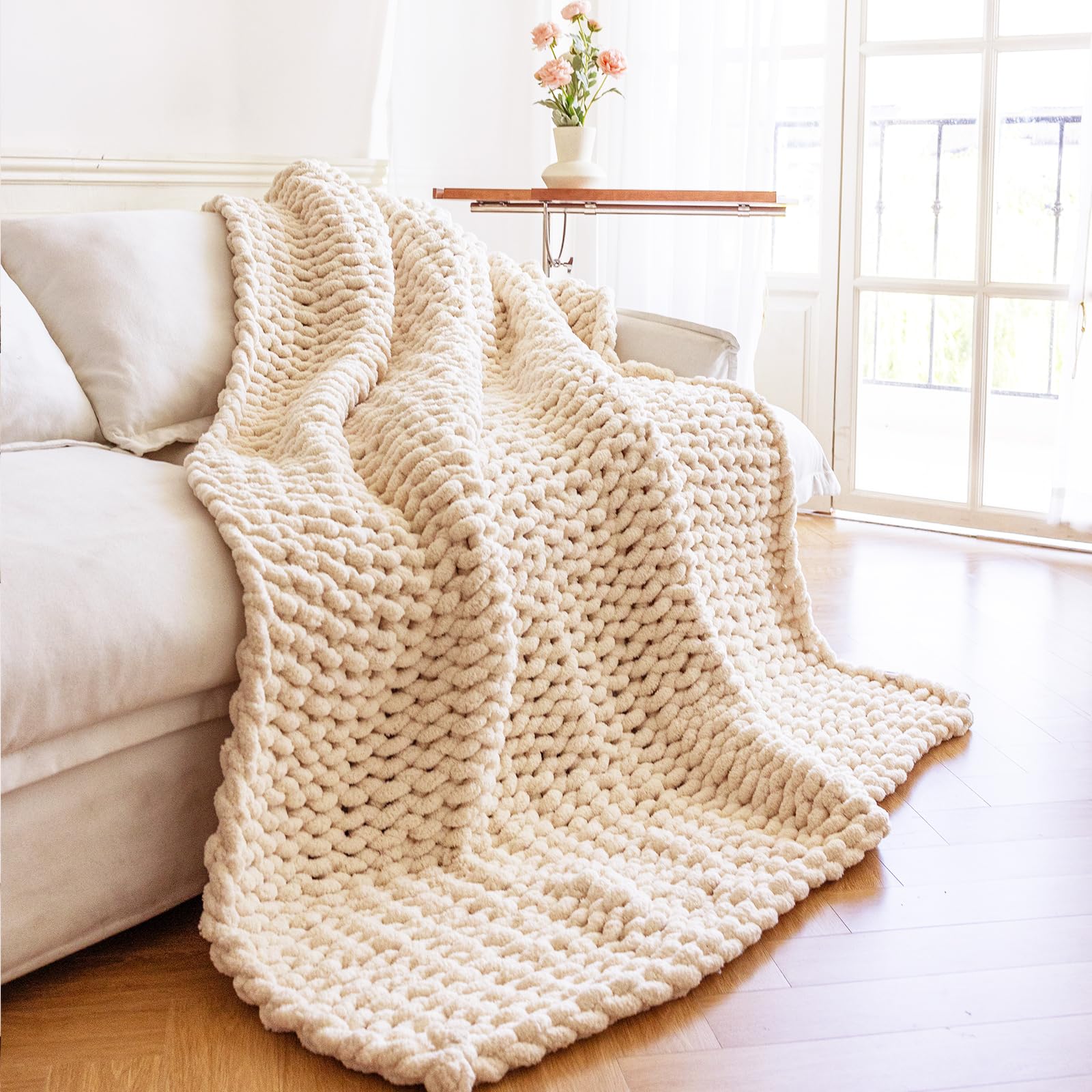 Chunky Knit Blanket - Luxury Soft Cozy 50 * 60 Throw Blanket,100% Woven Blanket Rope Knot Throw Blanket for Couch, Sofa, Home Decor, Gift - Machine Washable (Cream, 50 * 60)
