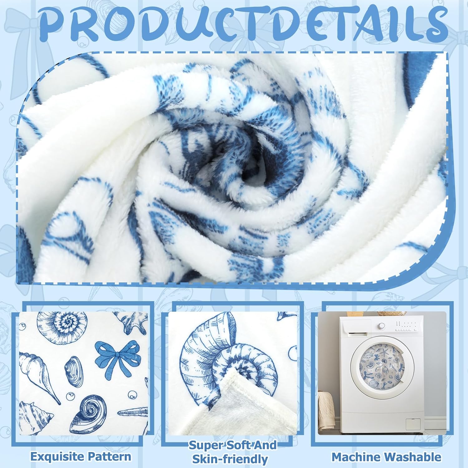 Breling Coastal Ocean Beach Throw Flannel Blanket Blue Seashells Cozy Fuzzy Warm Sea Ocean Throw Blanket Nautical Gift for Couch Sofa Bed Home Decor 60"x50"