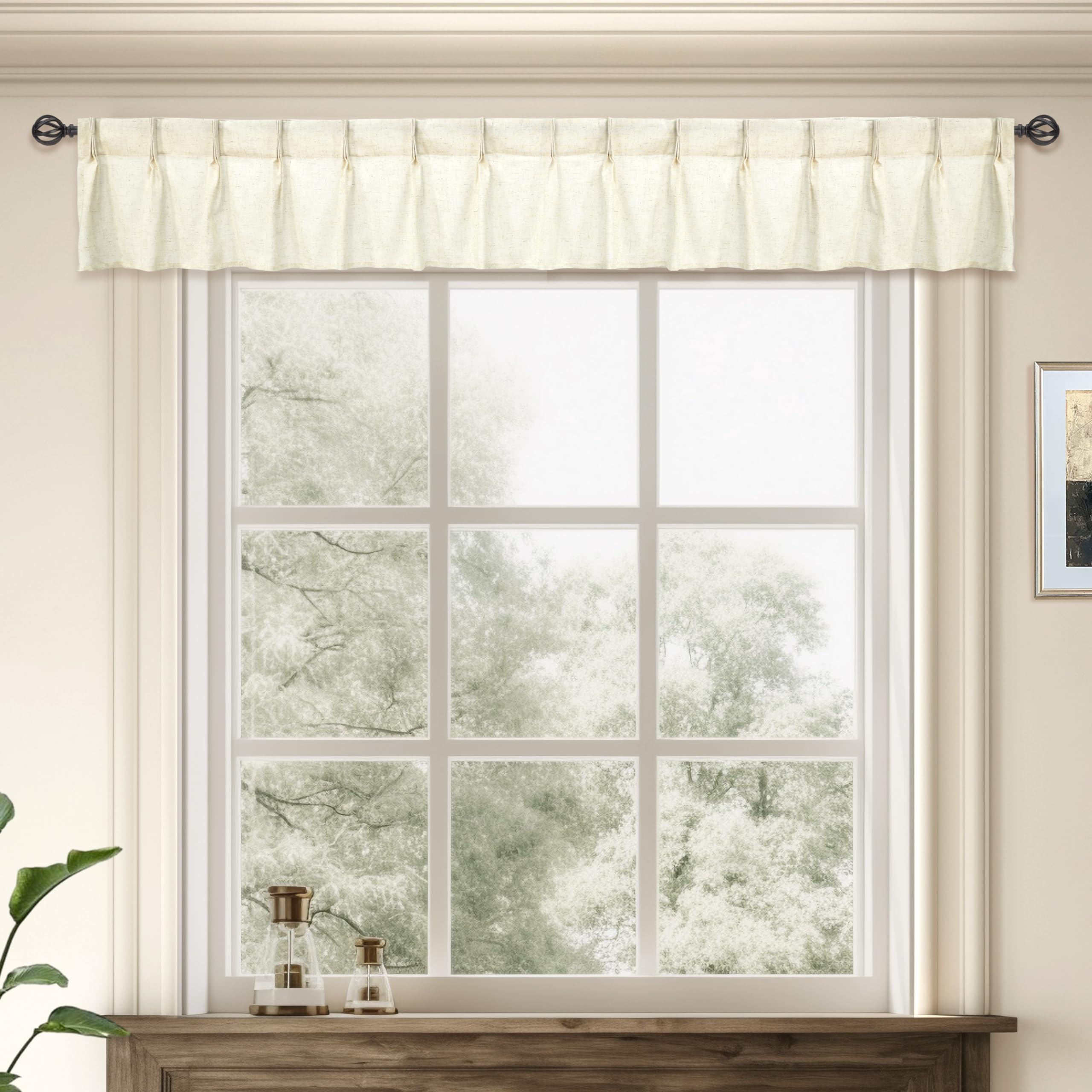 DriftAway Pinch Pleat Valance for Kitchen Window Linen Textured Valance for Living Room Farmhouse Semi Sheer Linen Curtain Valance Window Treatment Back Tabs 50 Inches by 16 Inches Light Linen