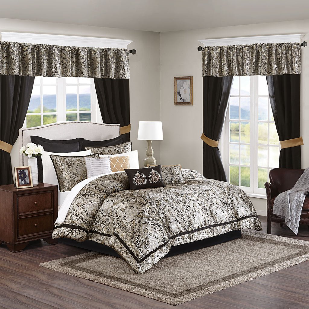 Madison Park Essentials Delaney 24-Piece Room In A Bag Comforter Set-Satin Jacquard All Season Luxury Bedding, Sheets, decorative pillows and Curtains, Valance, King (104 in x 92 in), Medallion Navy
