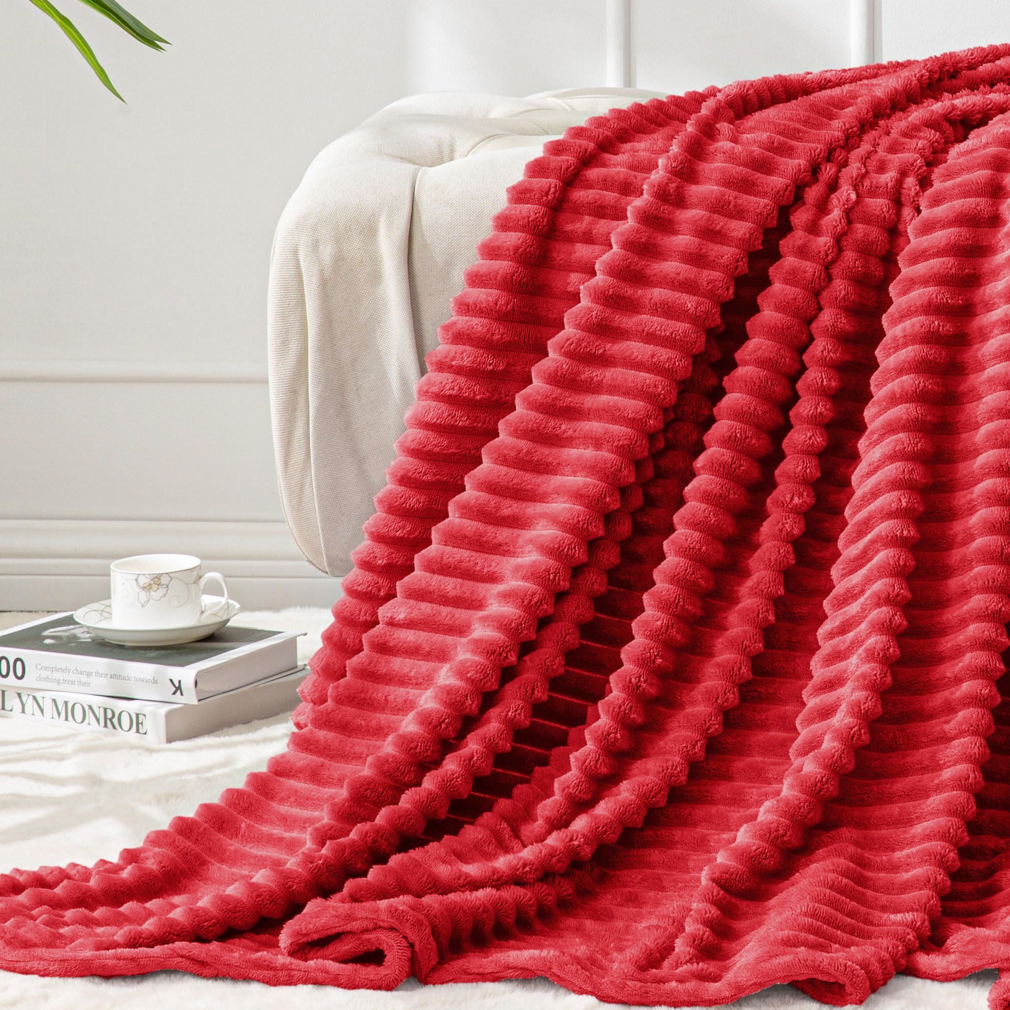 BEDELITE Fleece Throw Blanket for Couch – 3D Ribbed Jacquard Soft and Warm Decorative Fuzzy Blanket – Cozy, Fluffy, Plush Lightweight Pink Throw Blankets for Bed, Sofa, 50x60 inches