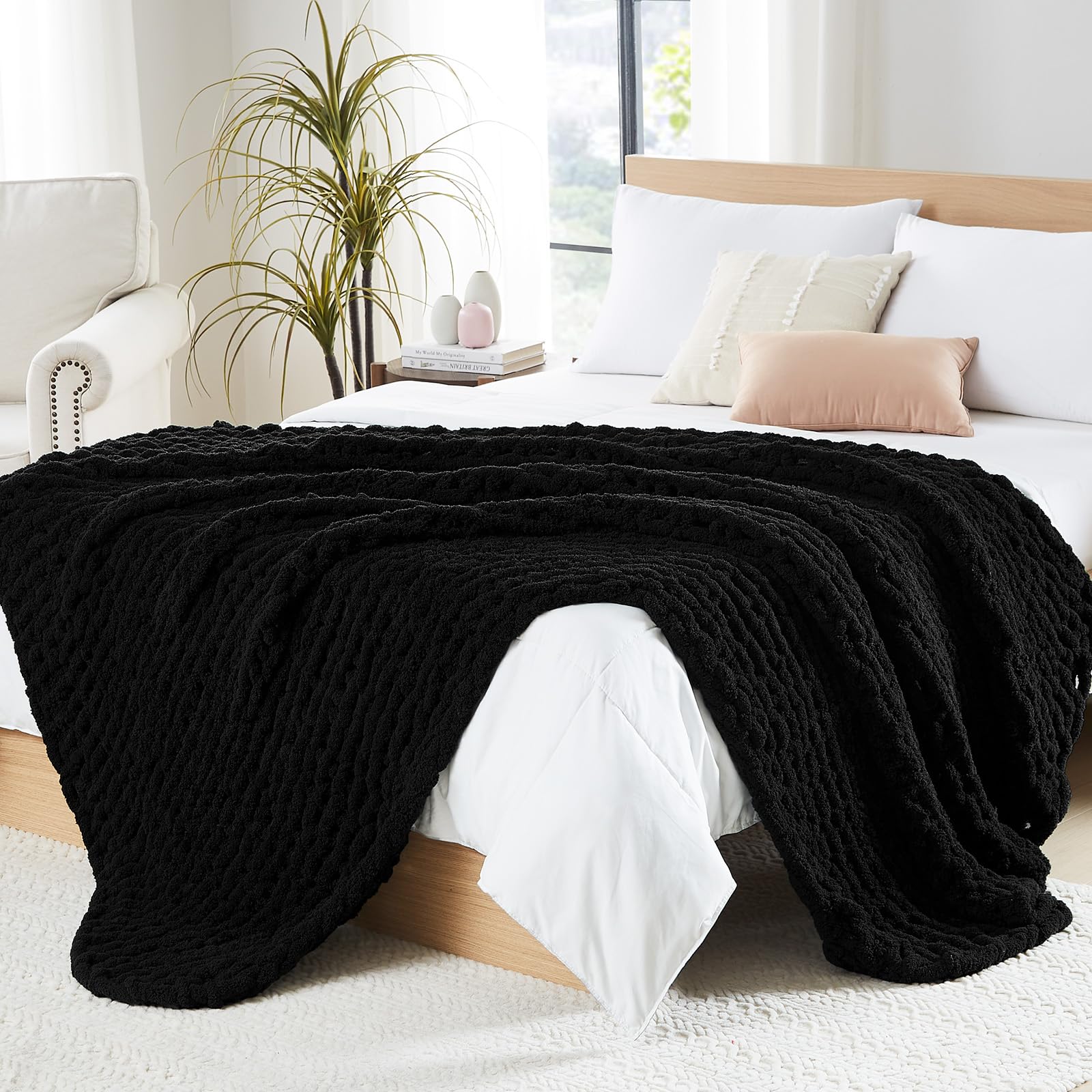 L'AGRATY Chunky Knit Blanket Throw,Soft Chenille Yarn Throw Blanket 50x60，Handmade Cable Knit Crochet Blanket,Large Knit Blankets Chunky Yarn,Rope Knot Throw Blanket for Couch Sofa Bed Home Decor