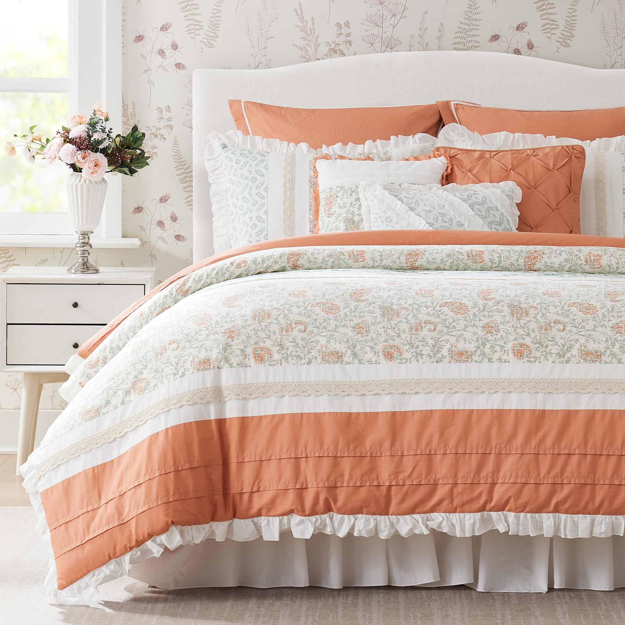 Madison Park Dawn 100% Cotton Shabby Chic Comforter Set-Modern Cottage Design All Season Down Alternative Bedding, Matching Shams, Bedskirt, Decorative Pillows, Cal King(104"x92"), Blush 9 Piece