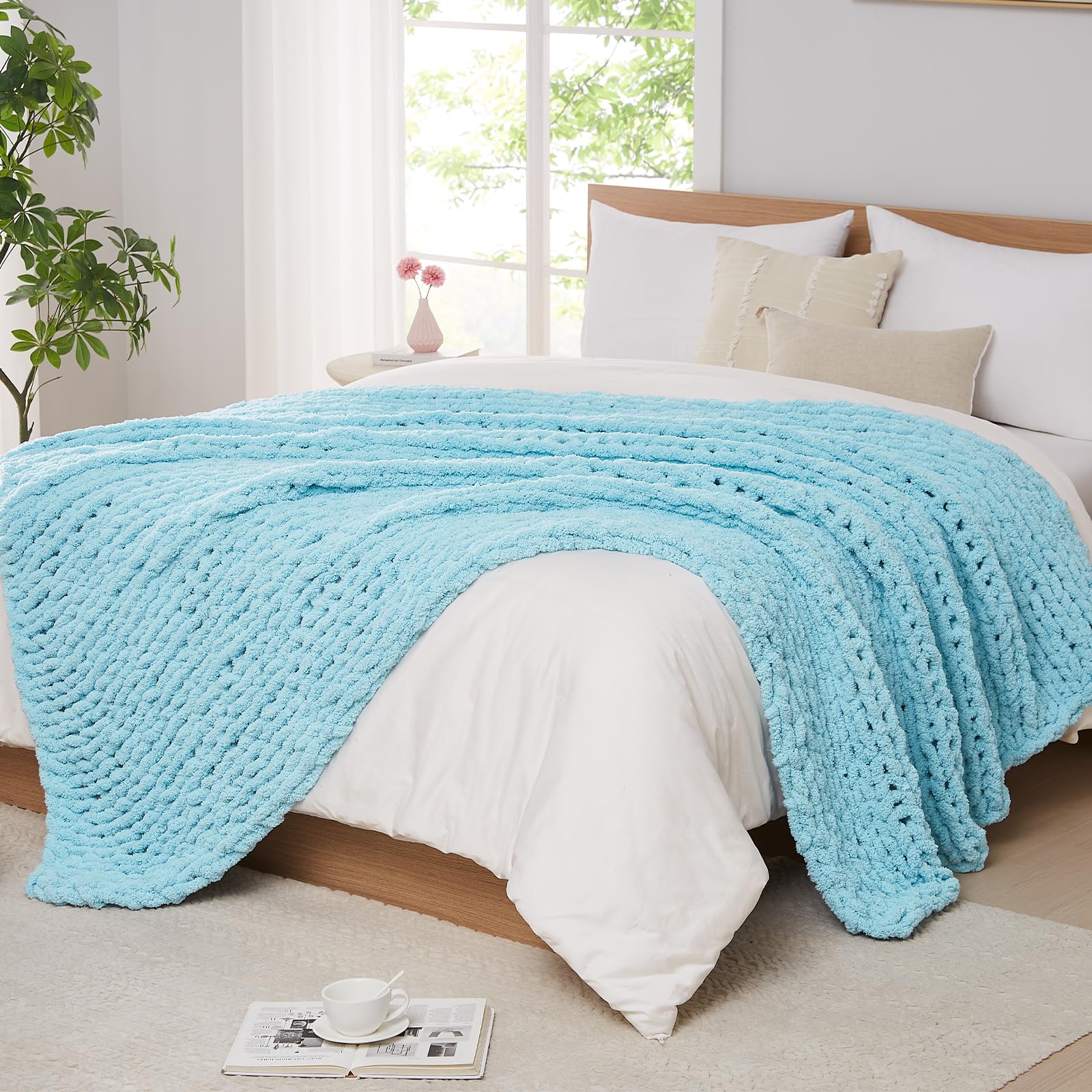 L'AGRATY Chunky Knit Blanket Throw,Soft Chenille Yarn Throw Blanket 50x60，Handmade Cable Knit Crochet Blanket,Large Knit Blankets Chunky Yarn,Rope Knot Throw Blanket for Couch Sofa Bed Home Decor