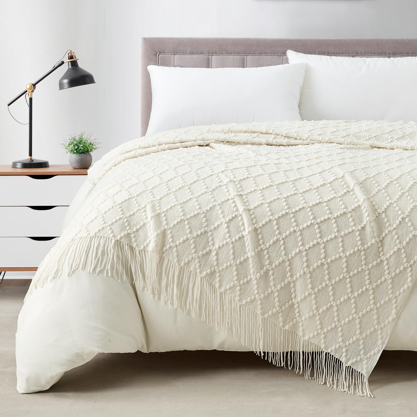 BOURINA Beige Throw Blanket 50x60 Inches Throw Textured Solid Soft Sofa Couch Decorative Knit Blanket