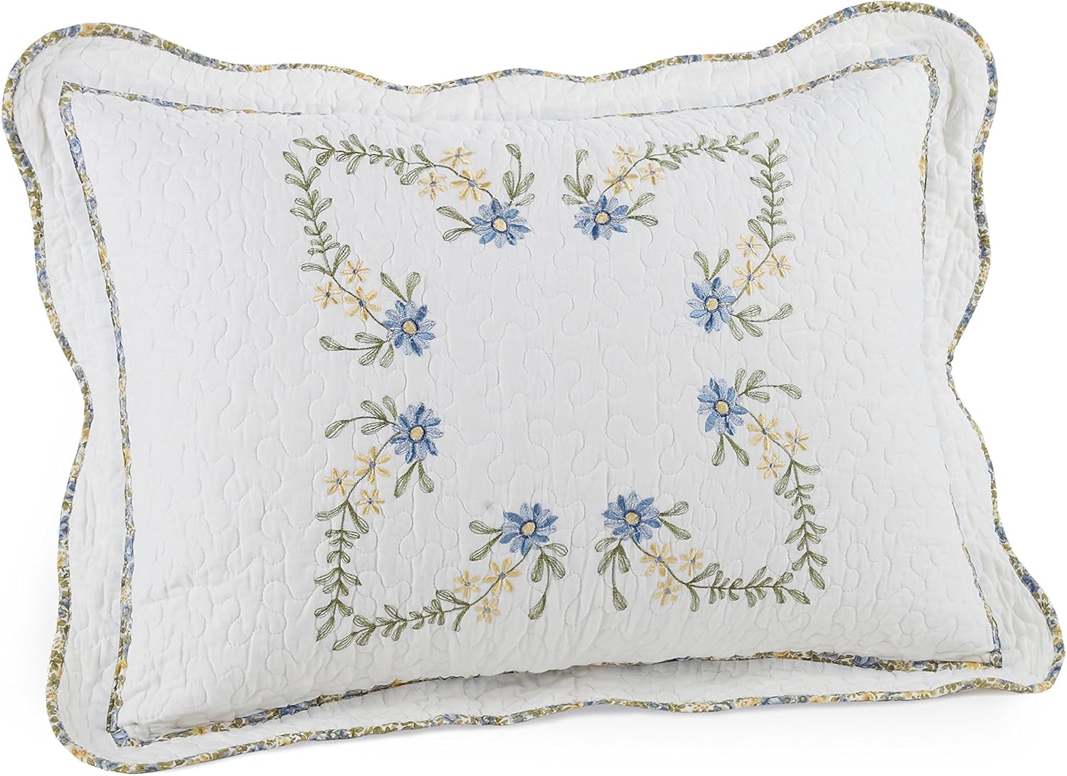 Modern Heirloom Heather Embroidered Single Pillow Sham - Lightweight Breathable All Seasons Bedding, King Sham, Blue/White