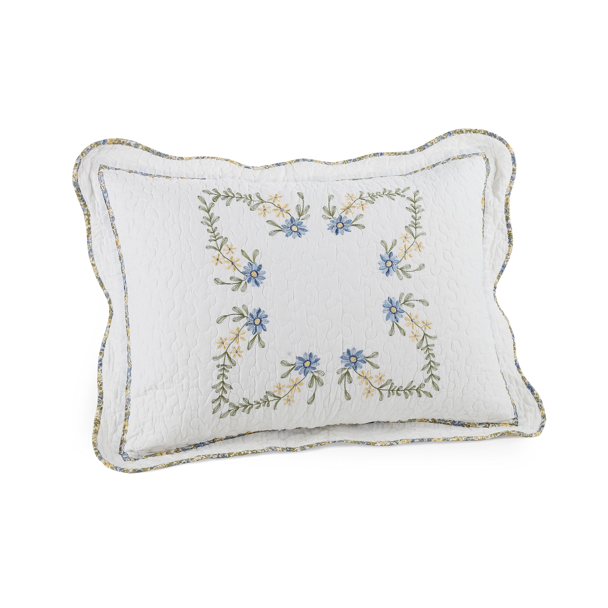 Modern Heirloom Heather Embroidered Single Pillow Sham - Lightweight Breathable All Seasons Bedding, King Sham, Blue/White