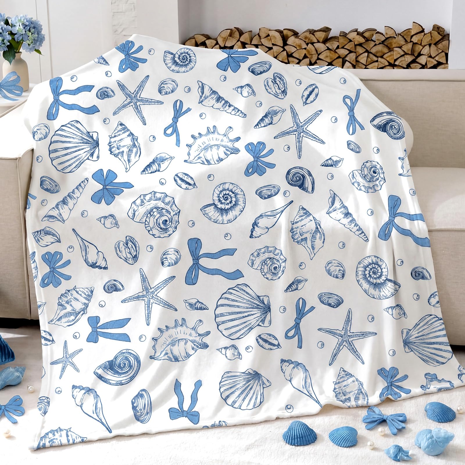 Breling Coastal Ocean Beach Throw Flannel Blanket Blue Seashells Cozy Fuzzy Warm Sea Ocean Throw Blanket Nautical Gift for Couch Sofa Bed Home Decor 60"x50"