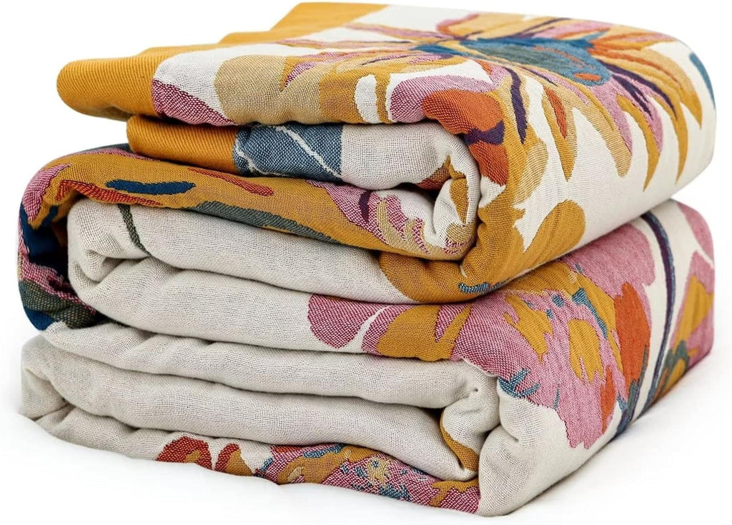 MSGKV Boho Throw Blanket 60''x80'',100% Cotton Blanket for Couch Bed, Summer Breathable Quilt Farmhouse Home Decor Soft Lightweight Picnic Blankets