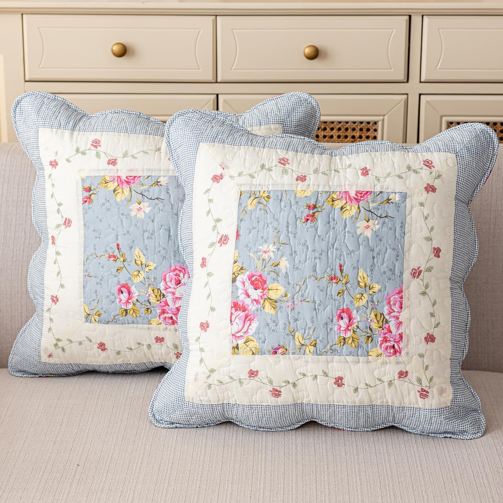 vctops Set of 2 Quilted 100% Cotton Boho Throw Pillow Covers 18" x 18" Farmhouse Country Floral Patchwork Decorative Cushion Cover, Patchwork Flower M