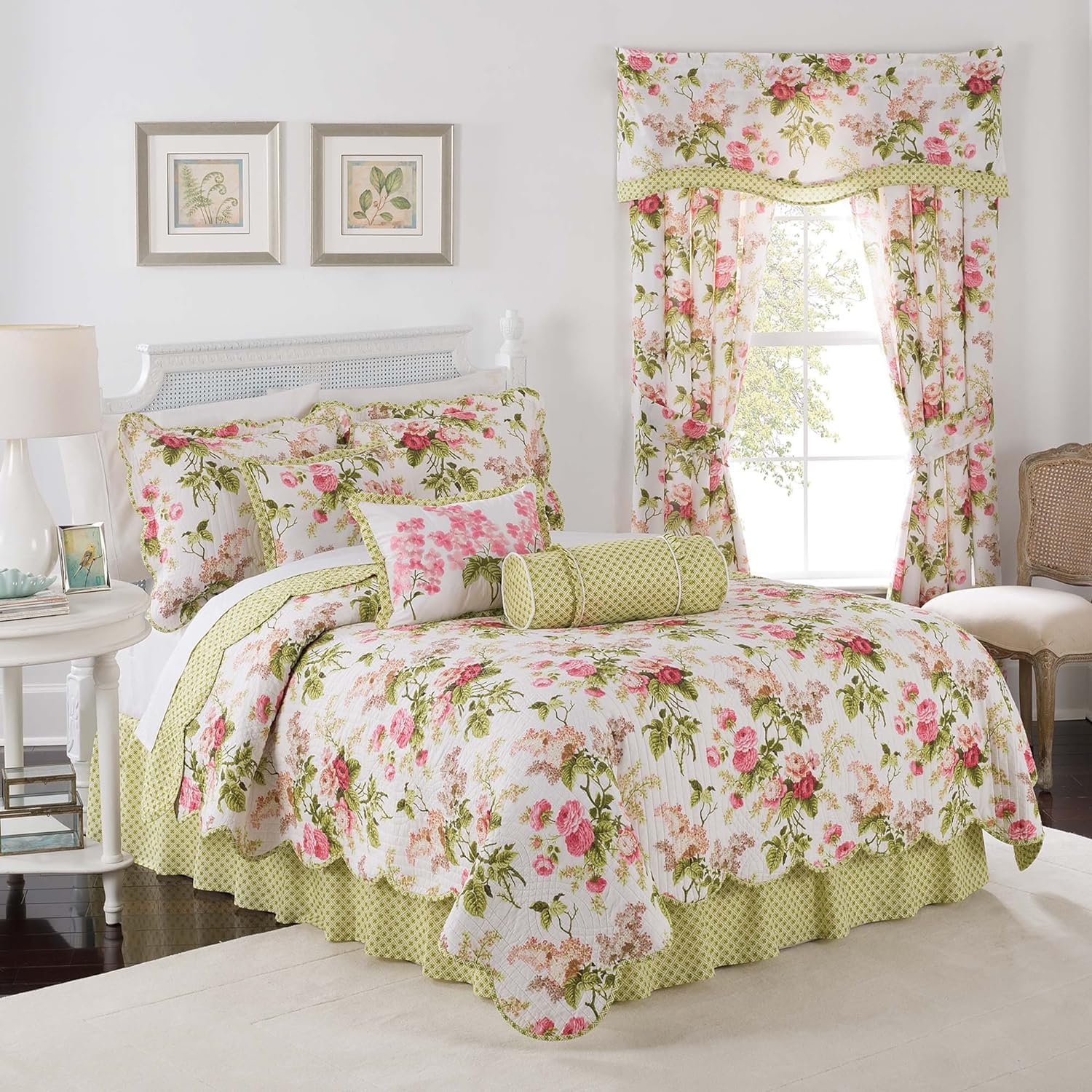 Waverly Charleston Chirp 4 Piece Quilt Set - 100% Cotton Light Weight Bedding with Bed Skirt & 2 Pillow Shams - Full/Queen Papaya
