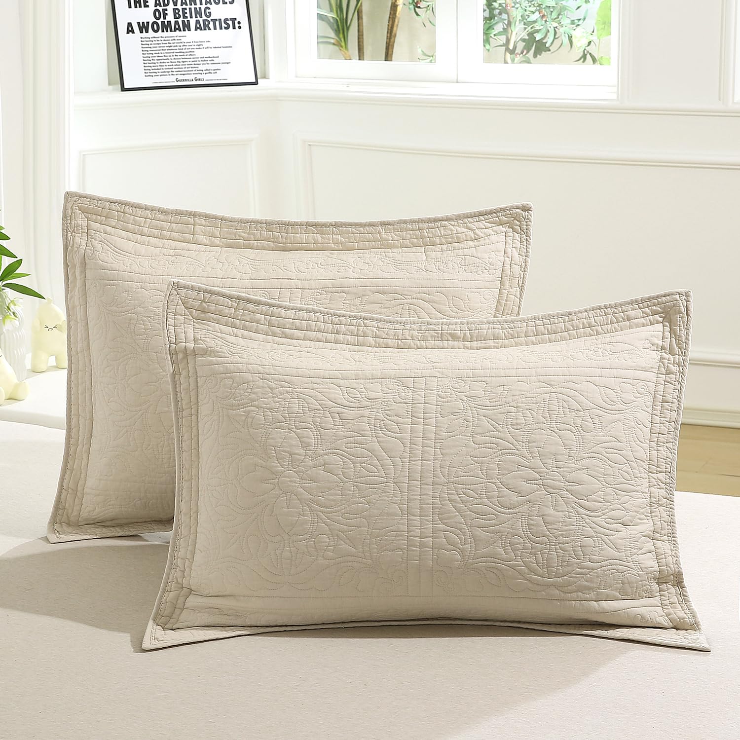 WINLIFE 100% Cotton Quilted Pillow Sham Floral Printed Pillow Cover (Standard, Dusty Pink)