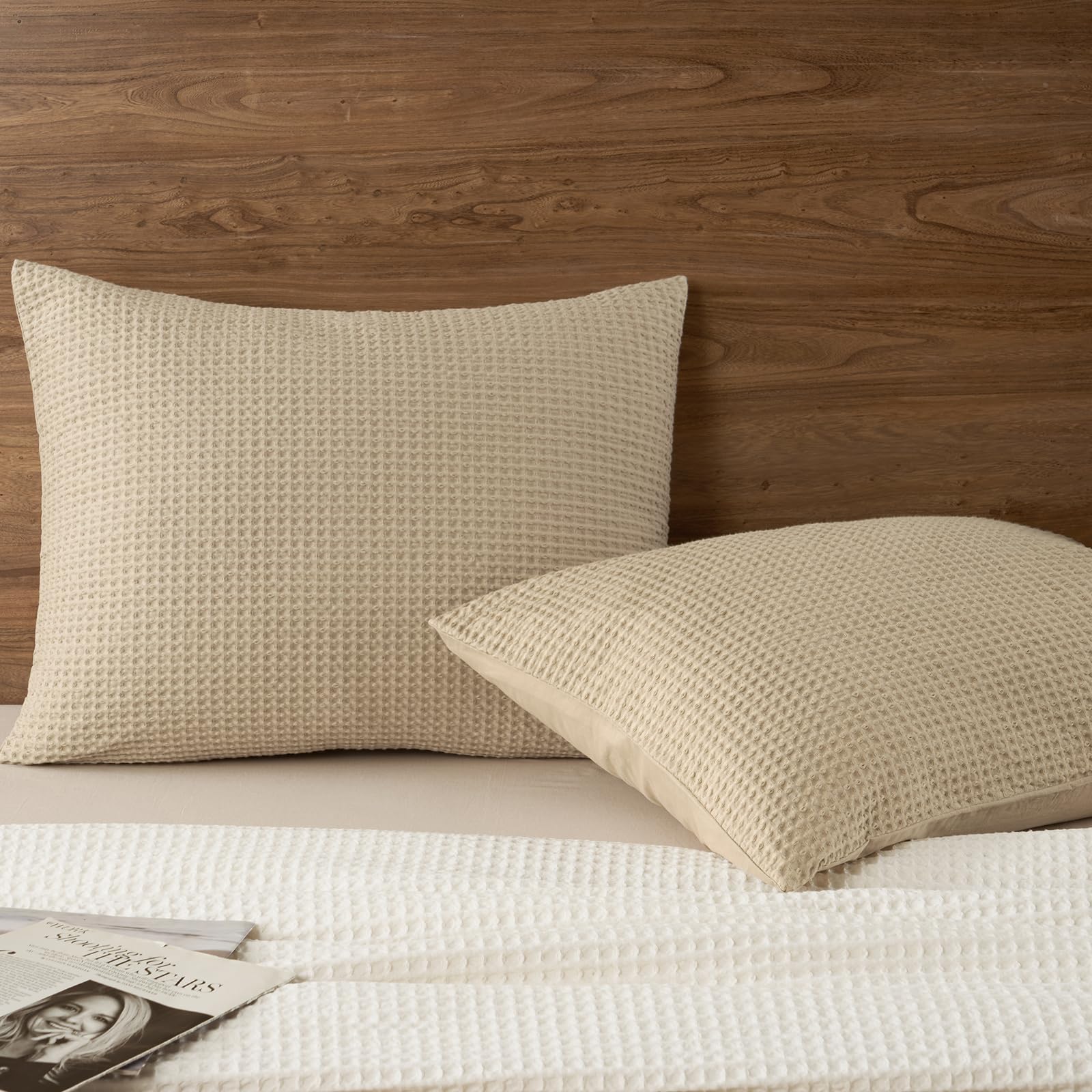 PHF 100% Cotton Waffle Pillow Shams Standard Size, 2 Pack 20" x 26" Soft Skin-Friendly and Breathable Pillowcases, No Filling, Aesthetic Woven Waffle Weave Pillow Covers for Bed, Dark Navy