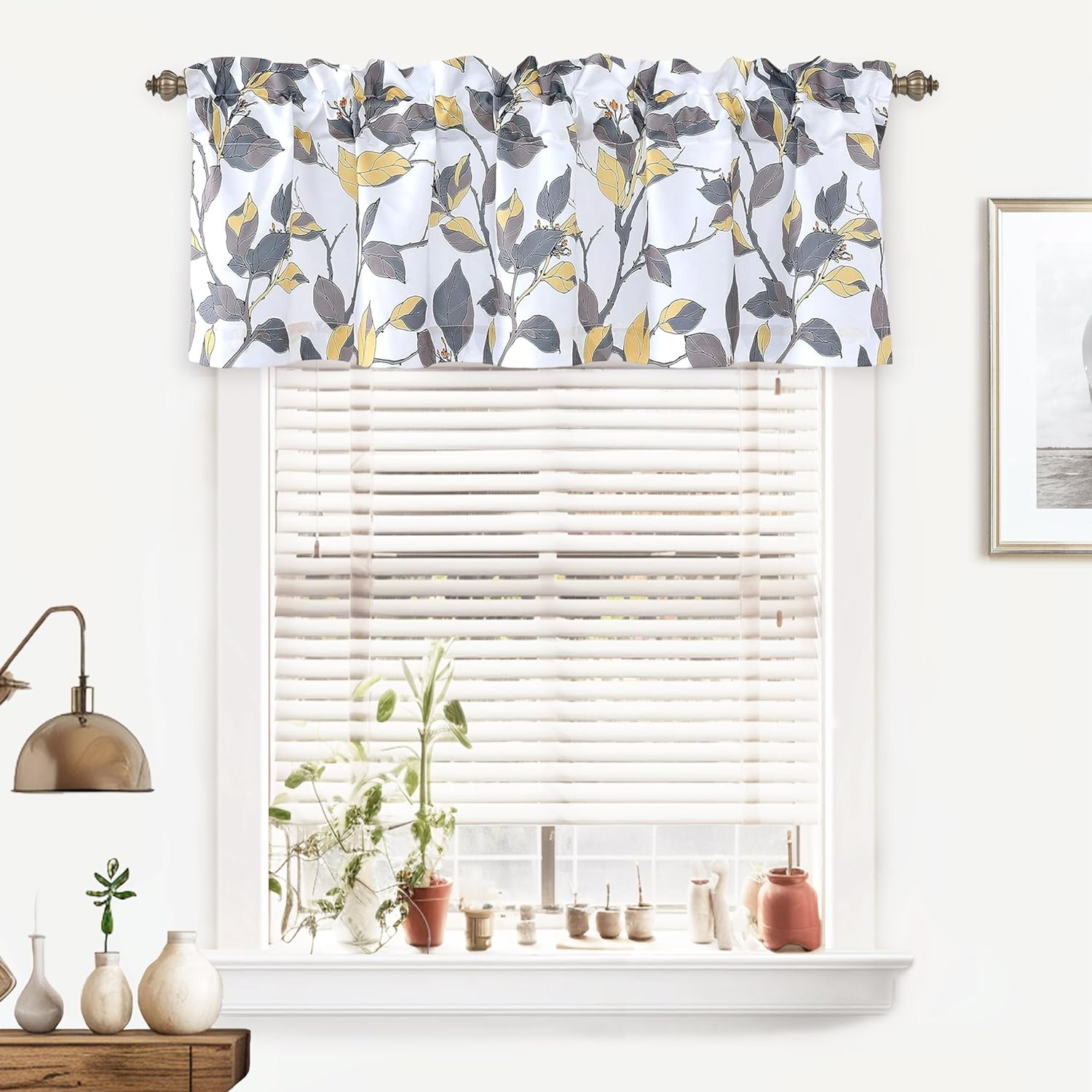 DriftAway Ryan Sketch Flower Floral Branch Leaves Lined Thermal Insulated Window Curtain Valance Rod Pocket 52 Inch by 18 Inch Plus 2 Inch Header Yellow Gray