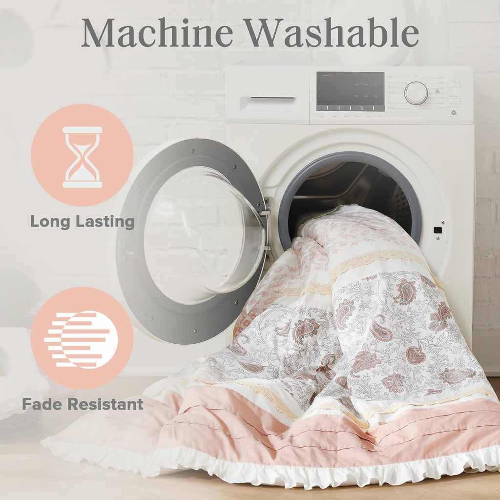Madison Park Dawn 100% Cotton Shabby Chic Comforter Set-Modern Cottage Design All Season Down Alternative Bedding, Matching Shams, Bedskirt, Decorative Pillows, Cal King(104"x92"), Blush 9 Piece