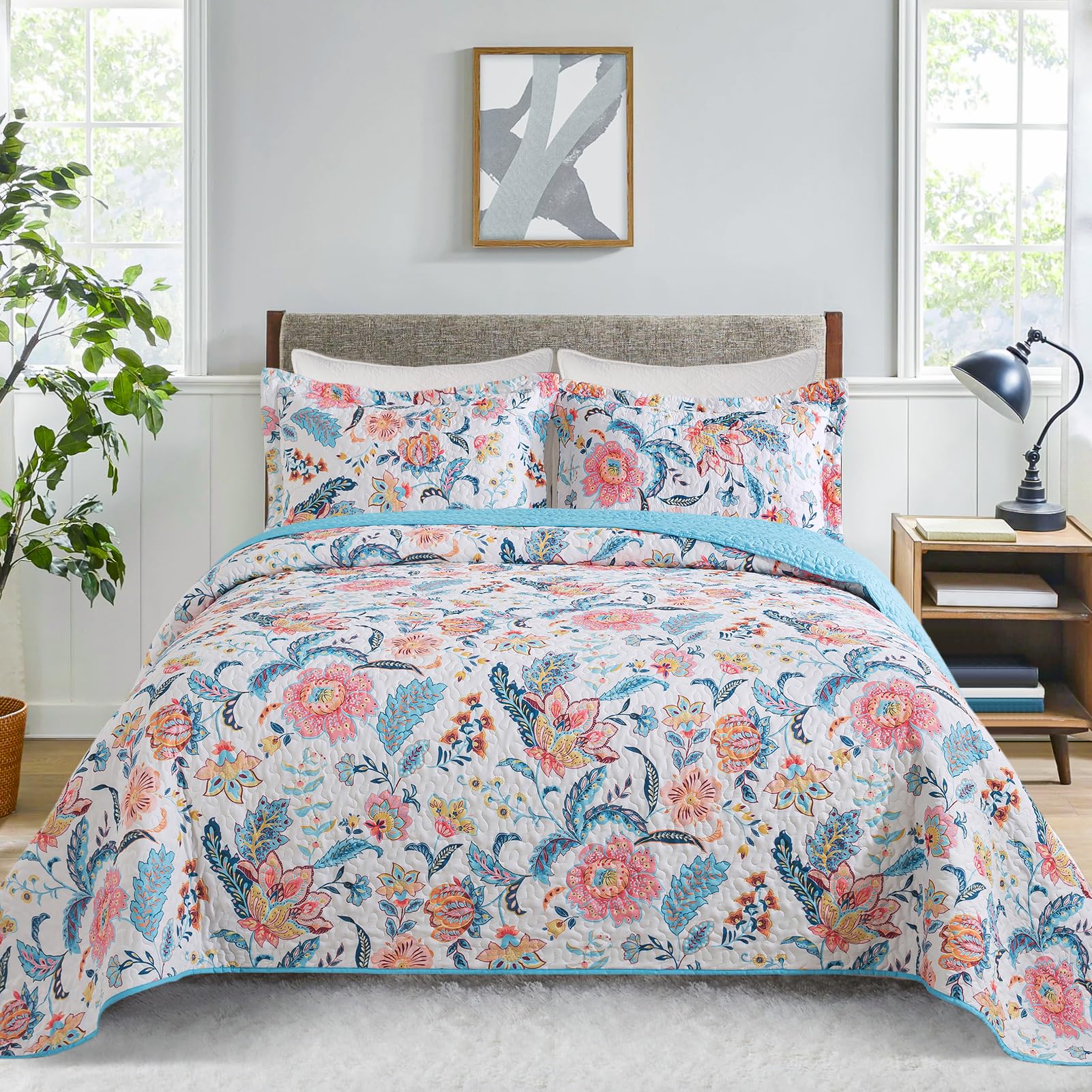 VAPUTAR Quilt King Bedding Set - Soft Cotton Quilts with Paisley Floral Pattern - Lightweight Reversible Bedspreads for Farmhouse (3 Pieces, Bright Teal)