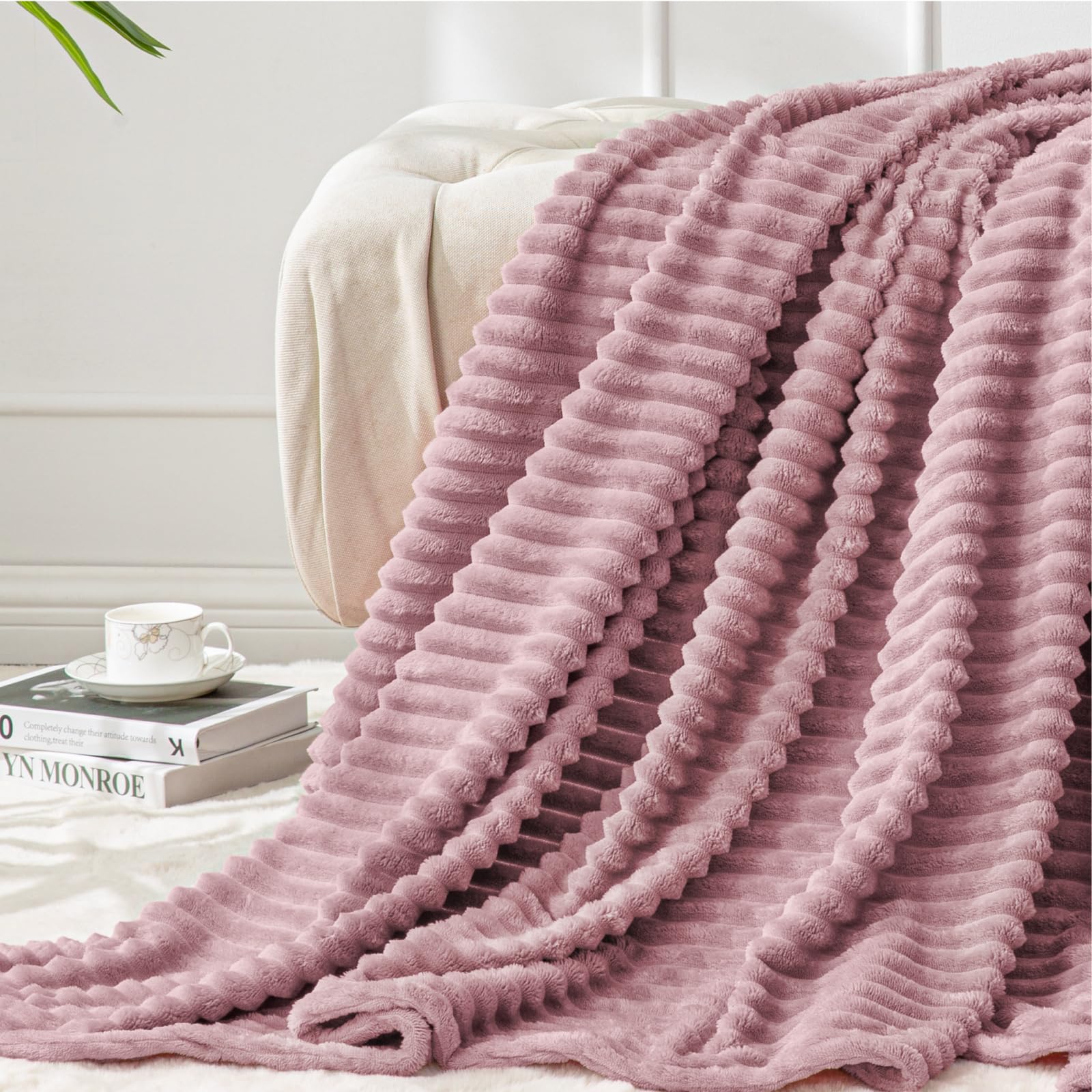 BEDELITE Fleece Throw Blanket for Couch – 3D Ribbed Jacquard Soft and Warm Decorative Fuzzy Blanket – Cozy, Fluffy, Plush Lightweight Pink Throw Blankets for Bed, Sofa, 50x60 inches