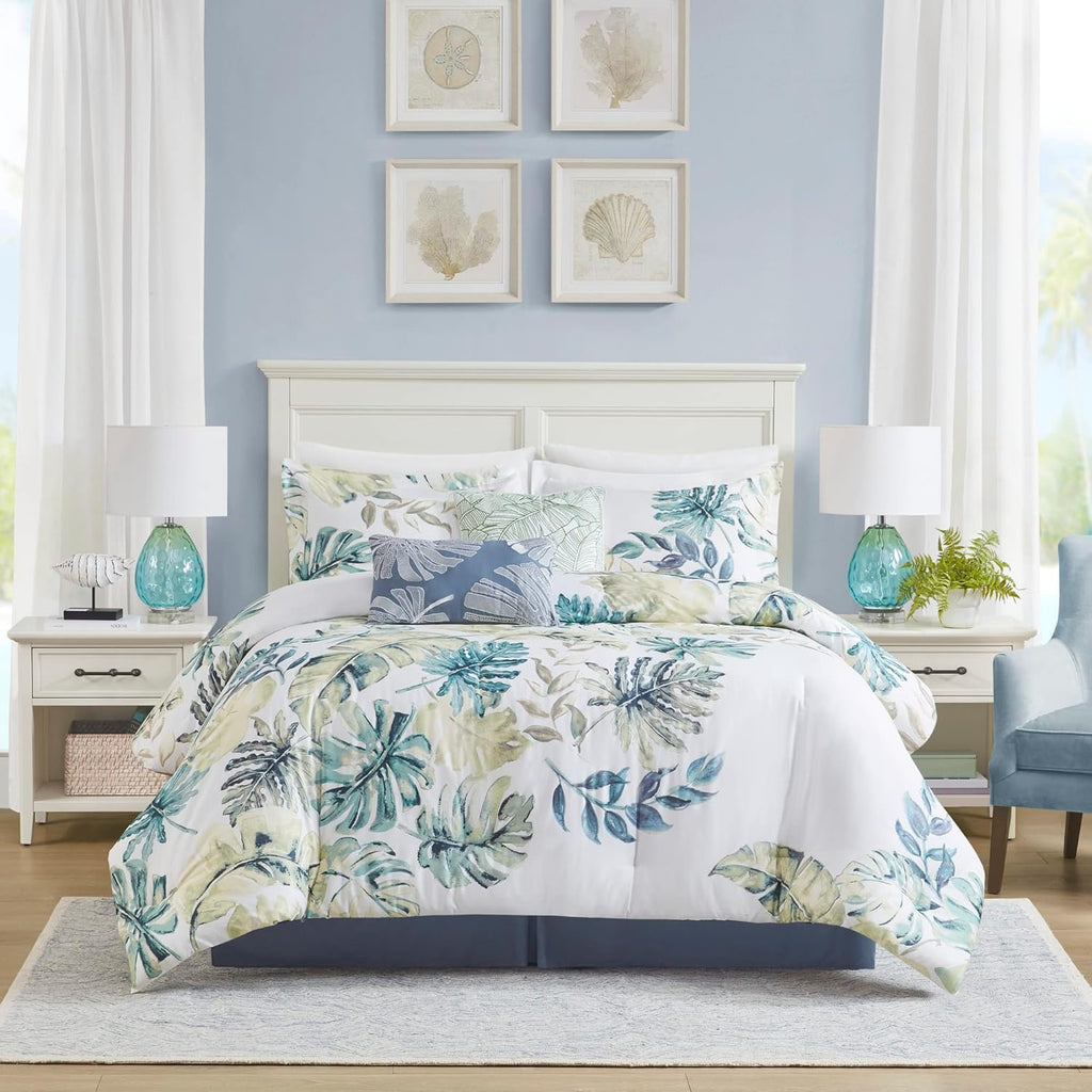 Harbor House Cozy Cotton Comforter Set - Coastal, All Season Down Alternative Casual Bedding with Matching Shams, Decorative Pillows, Lorelai, Monstera Leaf Green Queen(92"x96") 6 Piece