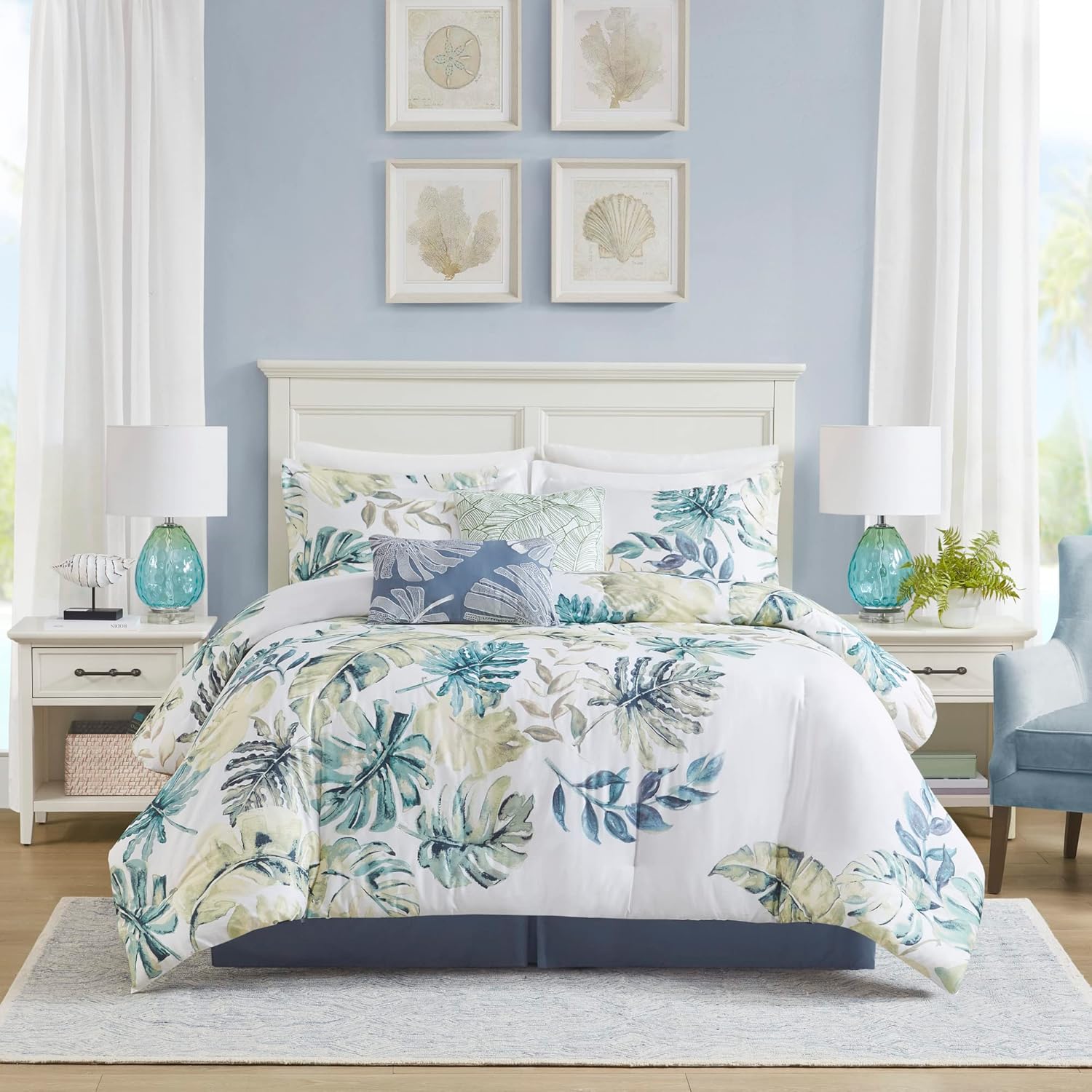 Harbor House Cozy Cotton Comforter Set - Coastal, All Season Down Alternative Casual Bedding with Matching Shams, Decorative Pillows, Lorelai, Monstera Leaf Green Queen(92"x96") 6 Piece