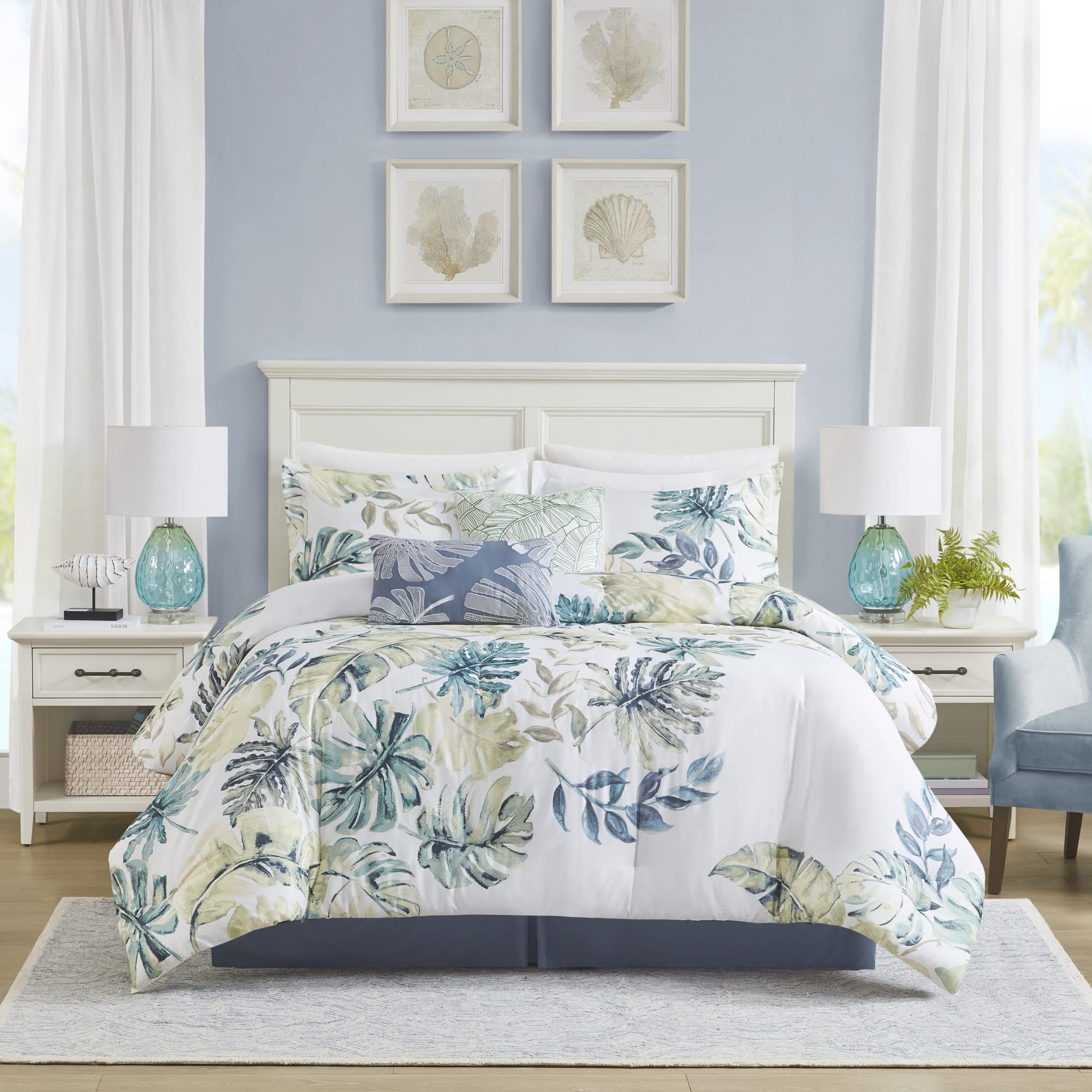 Harbor House Cozy Cotton Comforter Set - Coastal, All Season Down Alternative Casual Bedding with Matching Shams, Decorative Pillows, Lorelai, Monstera Leaf Green Queen(92"x96") 6 Piece