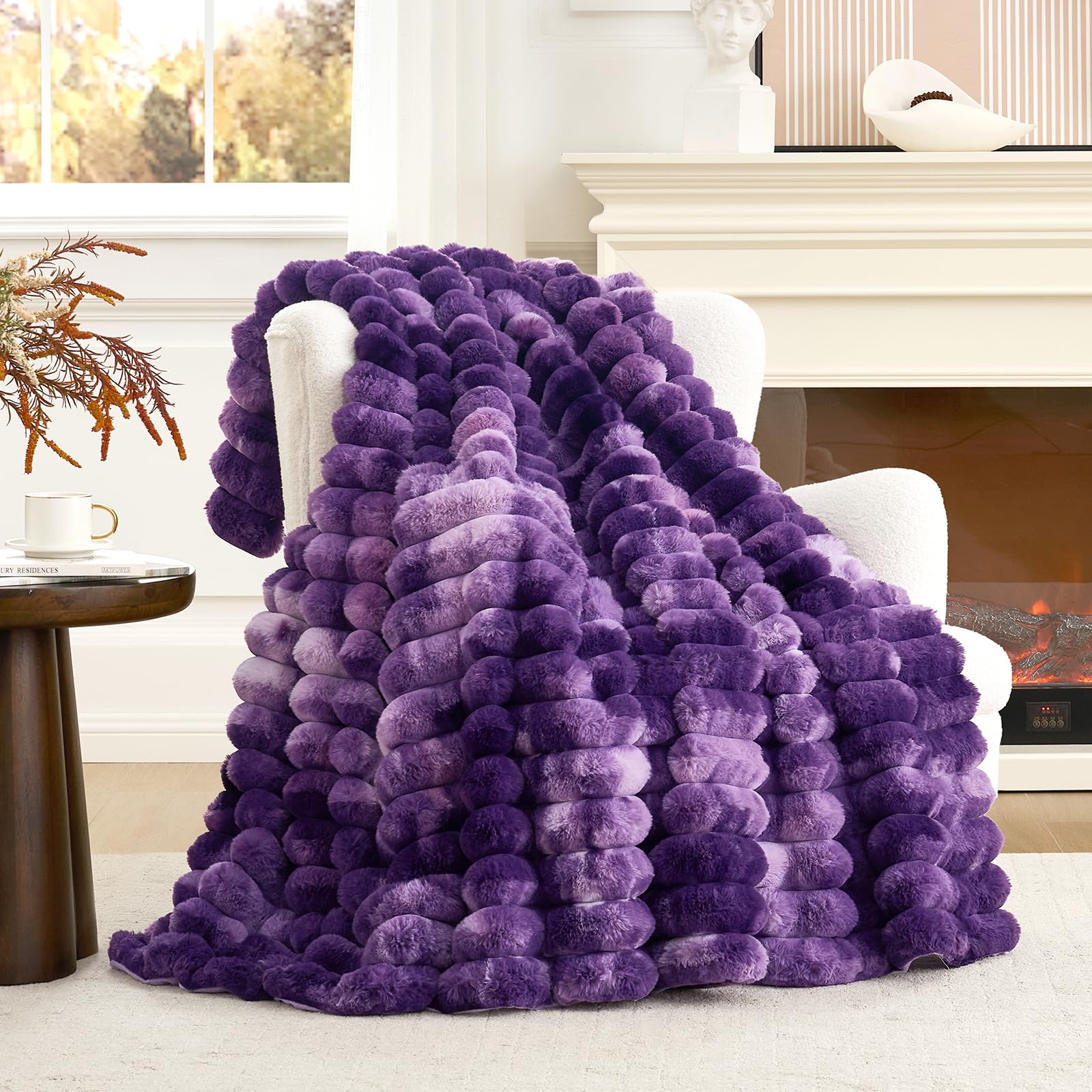 Cozy Bliss Faux Fur Throw Blanket for Couch, Cozy Warm Plush Striped Blanket for Sofa Bedroom Living Room, 50 * 60 Inches Hot Pink