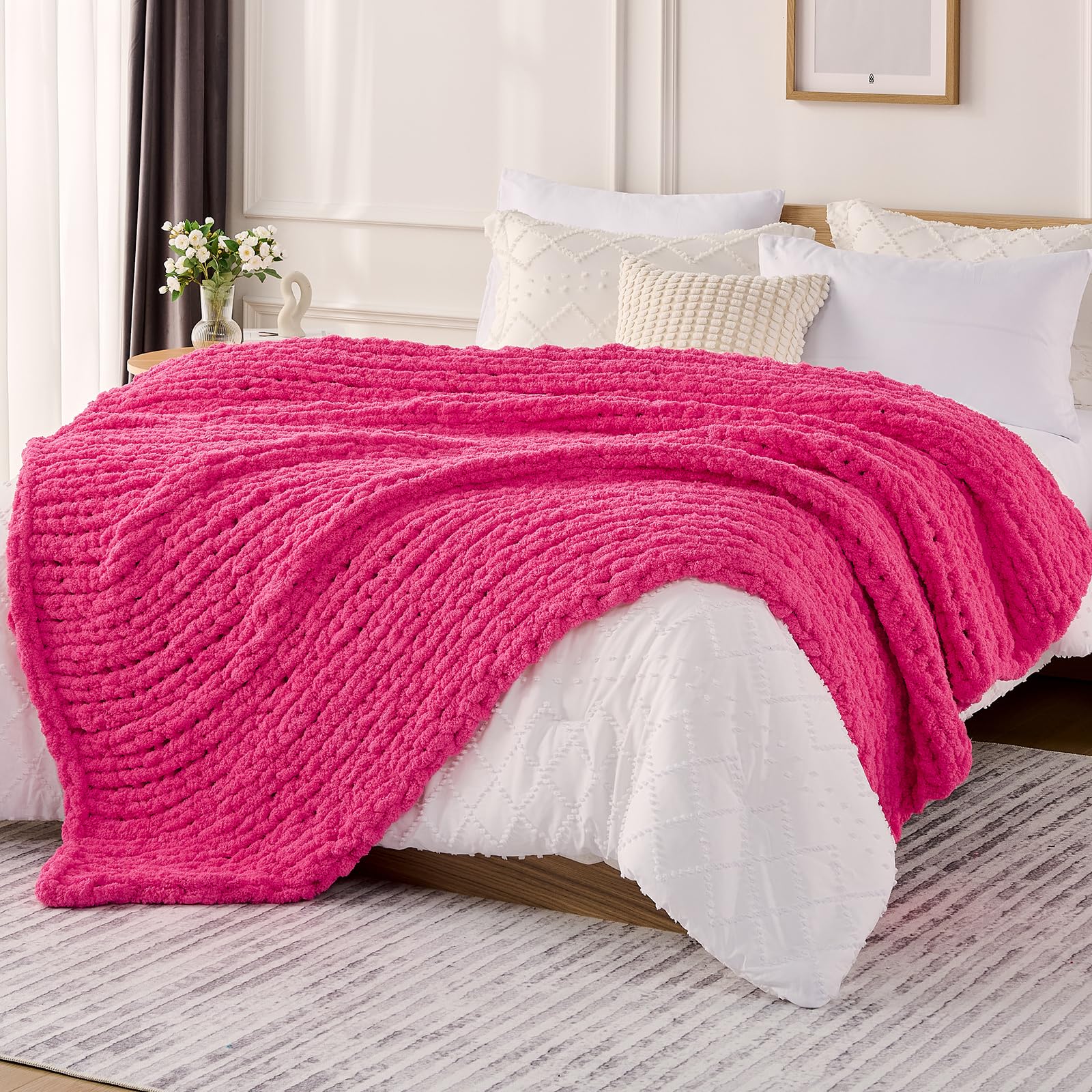 L'AGRATY Chunky Knit Blanket Throw,Soft Chenille Yarn Throw Blanket 50x60，Handmade Cable Knit Crochet Blanket,Large Knit Blankets Chunky Yarn,Rope Knot Throw Blanket for Couch Sofa Bed Home Decor