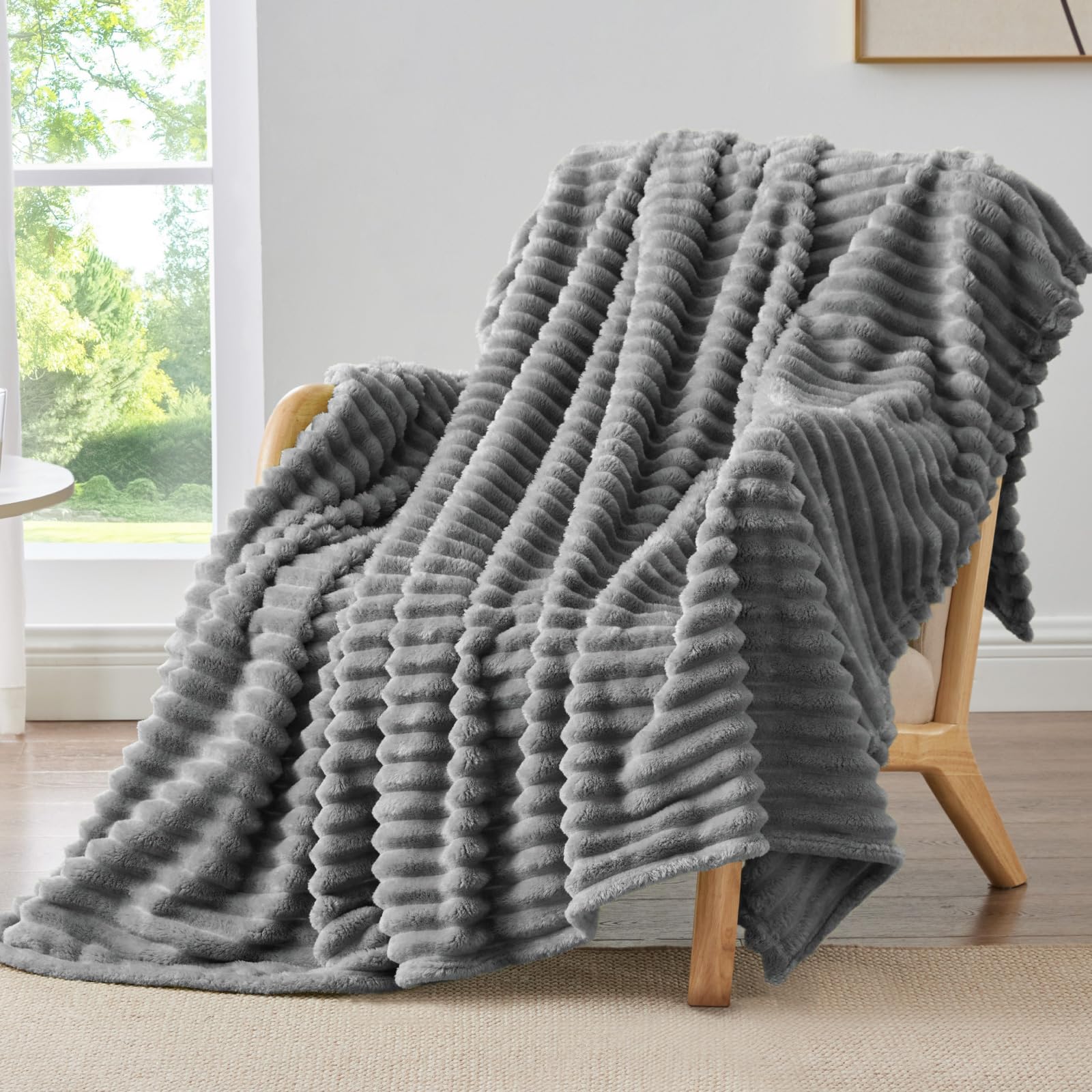 BEDELITE Fleece Throw Blanket for Couch - 300GSM Soft & Warm Fluffy Cream White Blanket, Decorative and Giftable Striped Blankets for Women, Men, 50"x60"
