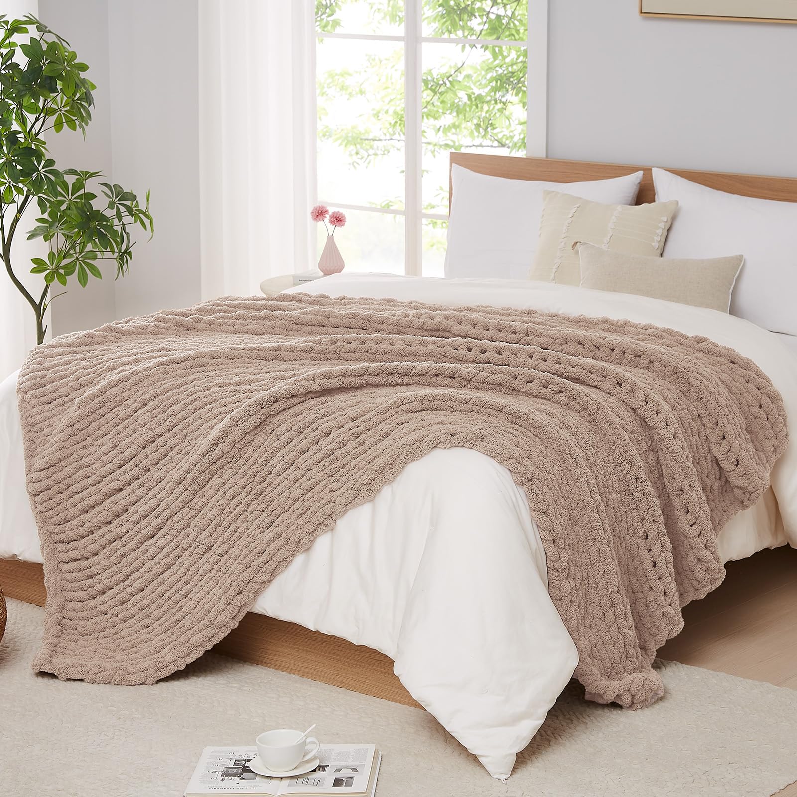 L'AGRATY Chunky Knit Blanket Throw,Soft Chenille Yarn Throw Blanket 50x60，Handmade Cable Knit Crochet Blanket,Large Knit Blankets Chunky Yarn,Rope Knot Throw Blanket for Couch Sofa Bed Home Decor