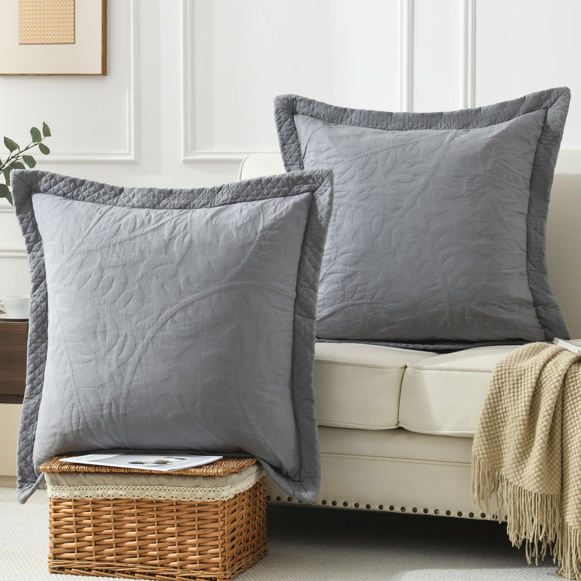 MarCielo 100% Cotton Embroidered Quilted Pillow Shams -Standard - Navy