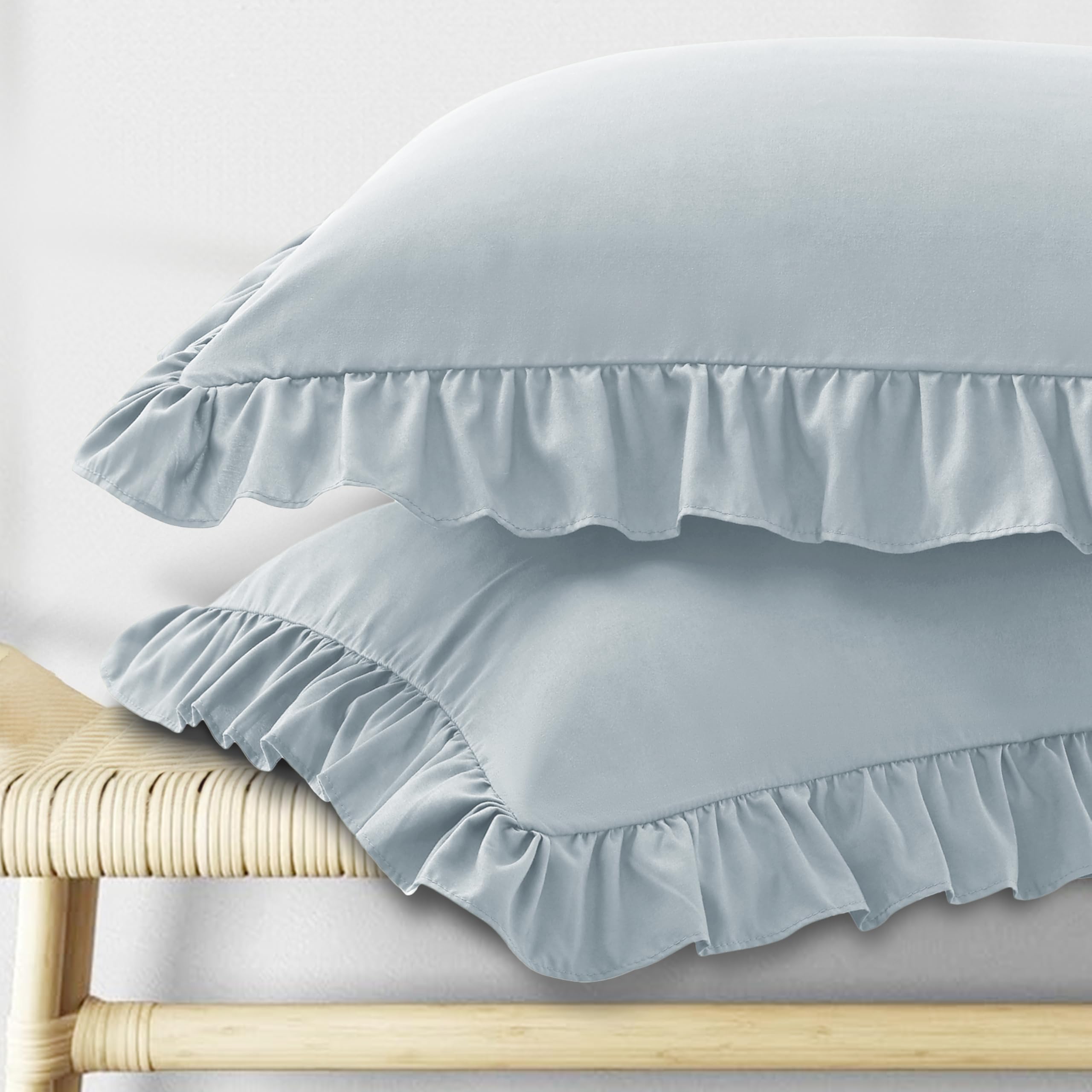 KKJIAF Ruffle Pillow Cases Standard Size Set of 2, Ruffled Pillow Covers with Envelope Closure, Wrinkle Resistant Pillowcases 20" x 26", Ruffled Pillow Shams, Olive Green