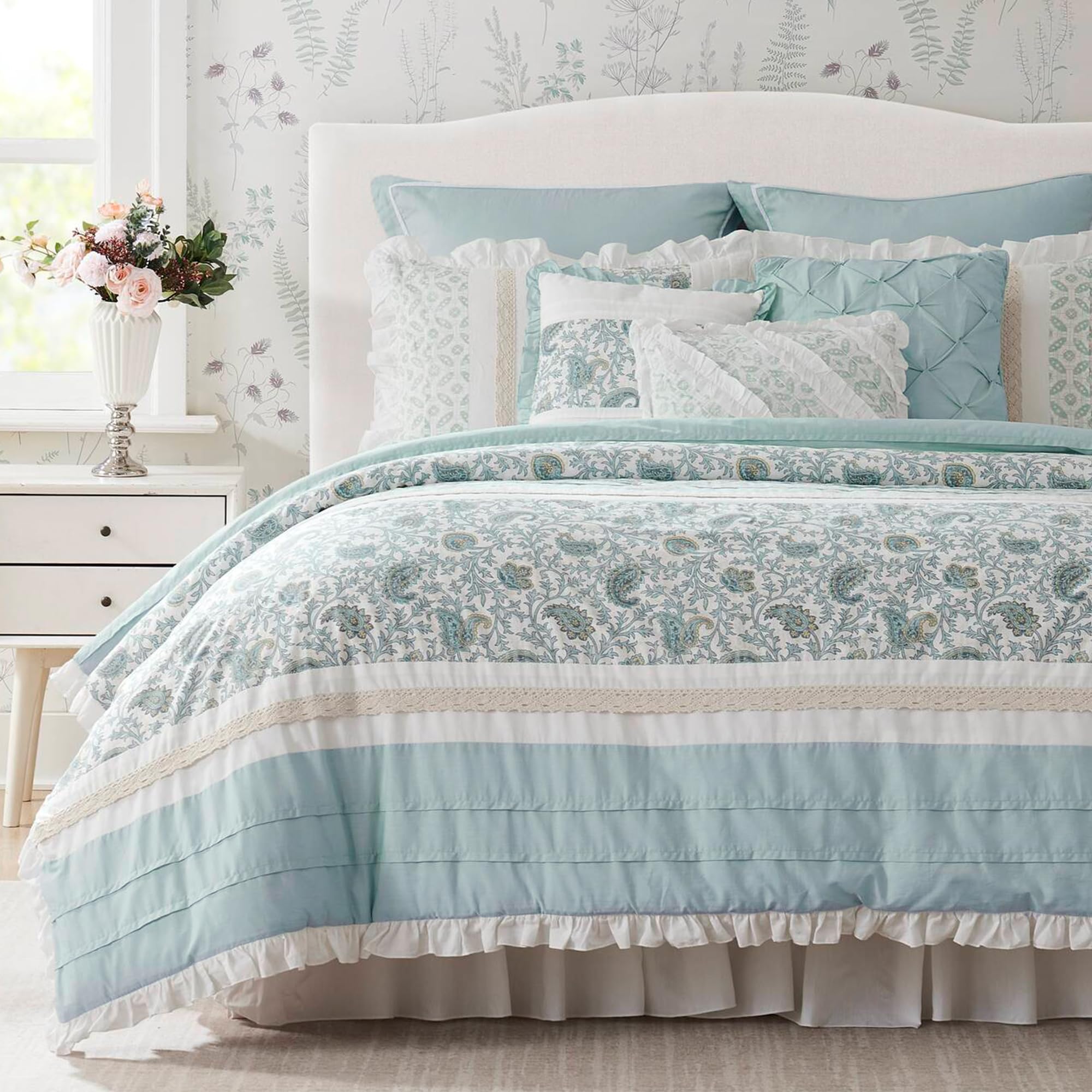 Madison Park Dawn 100% Cotton Shabby Chic Comforter Set-Modern Cottage Design All Season Down Alternative Bedding, Matching Shams, Bedskirt, Decorative Pillows, Cal King(104"x92"), Blush 9 Piece